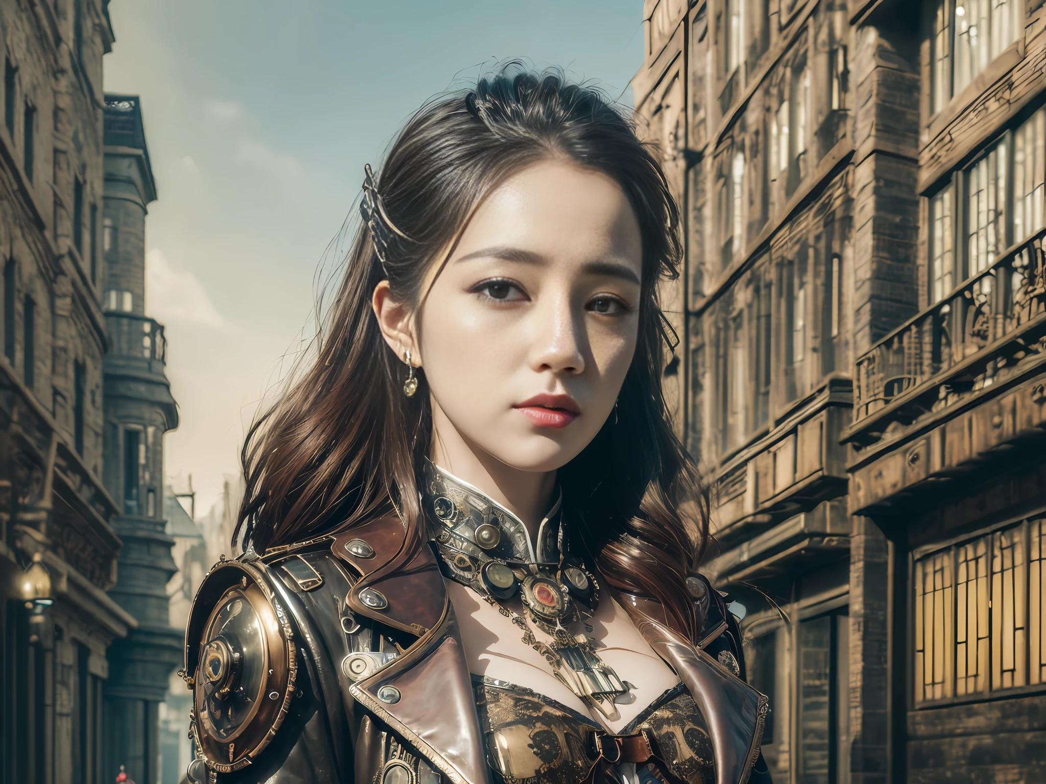 ((8k masterpiece:1.5)), ((hi-tech beautiful woman:1.3)), (Sherlock Holmes theme:1.2), (steampunk style:1.2), (detective outfit:1.1), (Victorian era setting:1.0), (modern tools:1.1), (mysterious atmosphere:1.2), (dusky sky:1.0), (cityscape background:1.0)