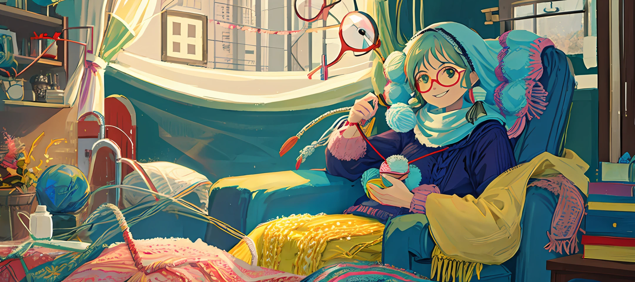 Grandma, knitting, smiling round glasses, knitting old in an armchair,knitting, knitting, knitting rolls