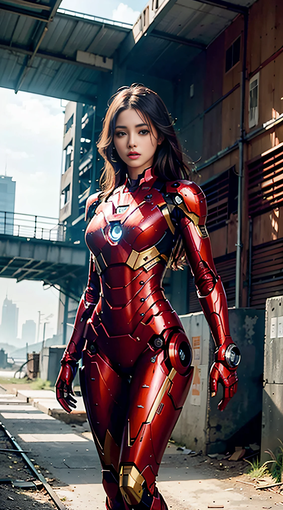 8k, realistic, attractive, highly detailed, a 20 year old girl a sexy and attractive woman inspired by Iron Man wearing a shiny Iron Man mech. She dresses with sexiness and confidence, perfectly interpreting Iron Man's strength and charisma. The abandoned warehouse serves as a backdrop, creating a unique atmosphere that highlights her bravery and perseverance. The cloudy sky adds a sense of tension and mystery to the whole scene. This high-definition, high-quality picture will bring you a shocking visual experience. The detailed abandoned warehouse and shiny mechs will keep your eyes on you. oc rendering, dramatic lighting, award winning quality