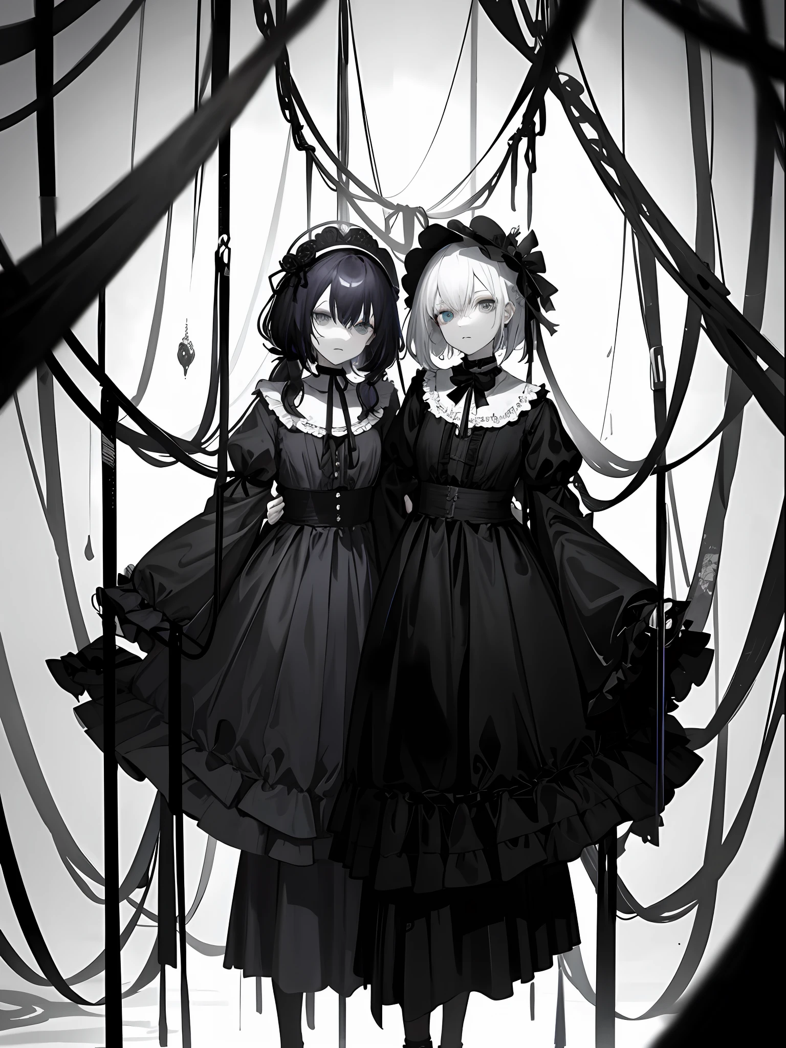 Weird twin sisters, like puppets, with cold expressions, hands tied to ropes and hanged, dark style: background gloomy wood room, chaotic, strange atmosphere, dim,