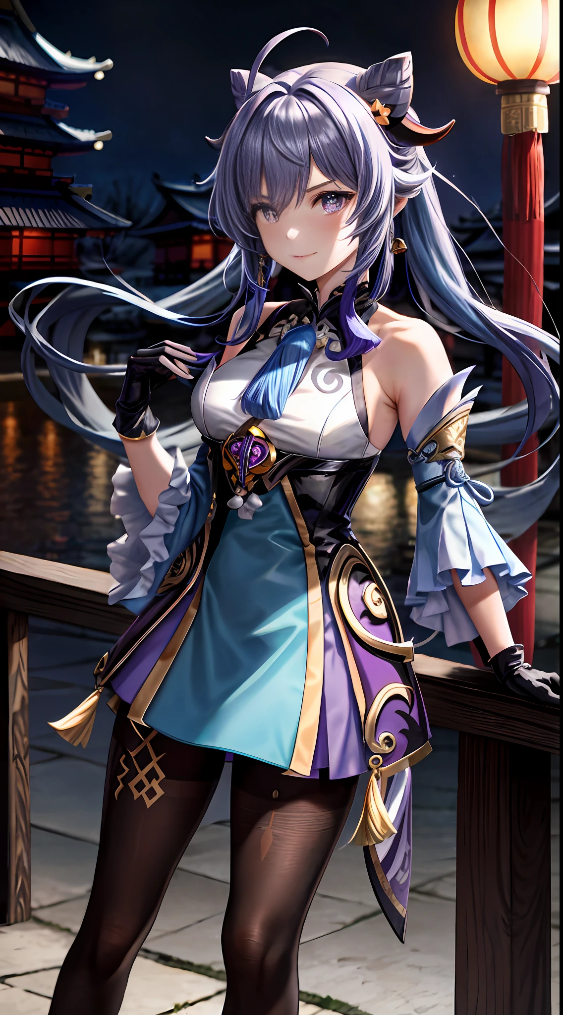 ganyu\(genshin impact\), 1girl, ahoge, architecture, bangs, bare shoulders, bell, black gloves, black tights, ((blue hair)), blush, breasts, chinese knot, sleeves, East Asian architecture, flower knot, gloves, horns, long hair, looking at the audience, medium chest, purple hair, neckbell, night, outdoors, pantyhose, purple eyes, sideburns, solo, tassels, white sleeves, ((masterpiece))