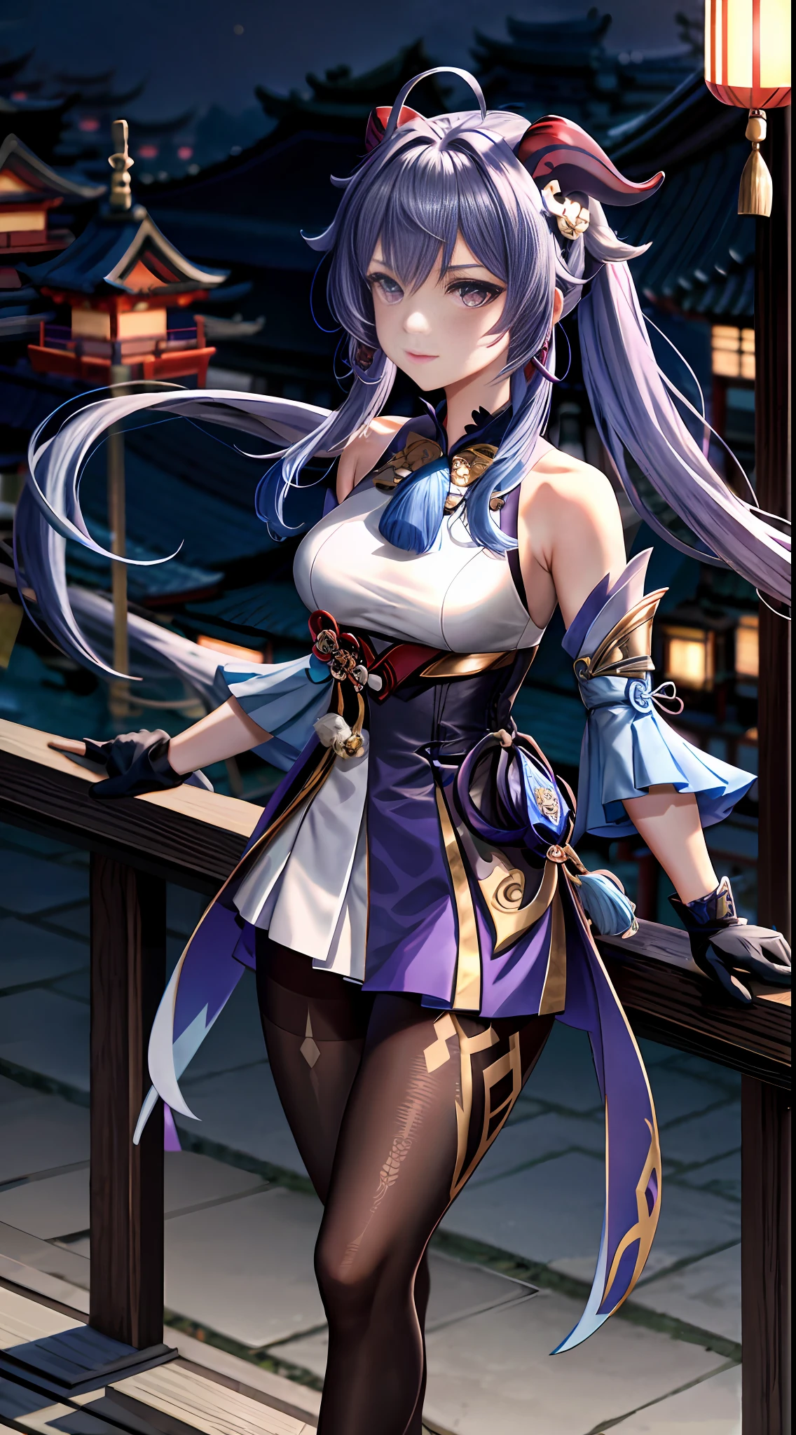 ganyu\(genshin impact\), 1girl, ahoge, architecture, bangs, bare shoulders, bell, black gloves, black tights, ((blue hair)), blush, breasts, chinese knot, sleeves, East Asian architecture, flower knot, gloves, horns, long hair, looking at the audience, medium chest, purple hair, neckbell, night, outdoors, pantyhose, purple eyes, sideburns, solo, tassels, white sleeves, ((masterpiece))