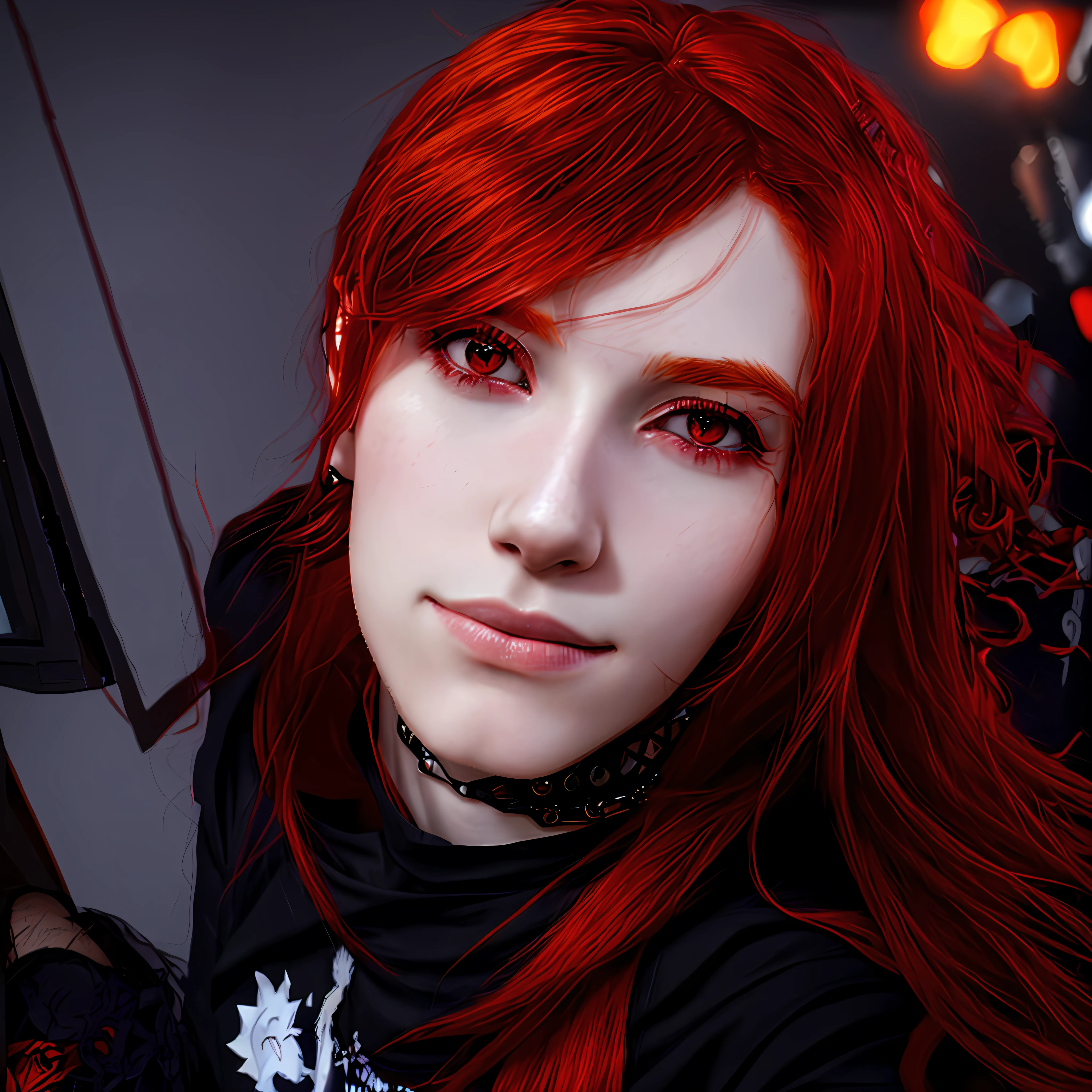 there is a woman with red hair and a black shirt, halfbody headshot, with red hair, attractive androgynous humanoid, androgynous person, high quality portrait, with long red hair, with long hair and piercing eyes, headshot of young female furry, 1 7 -  - old me goth girl, twitch streamer / gamer ludwig