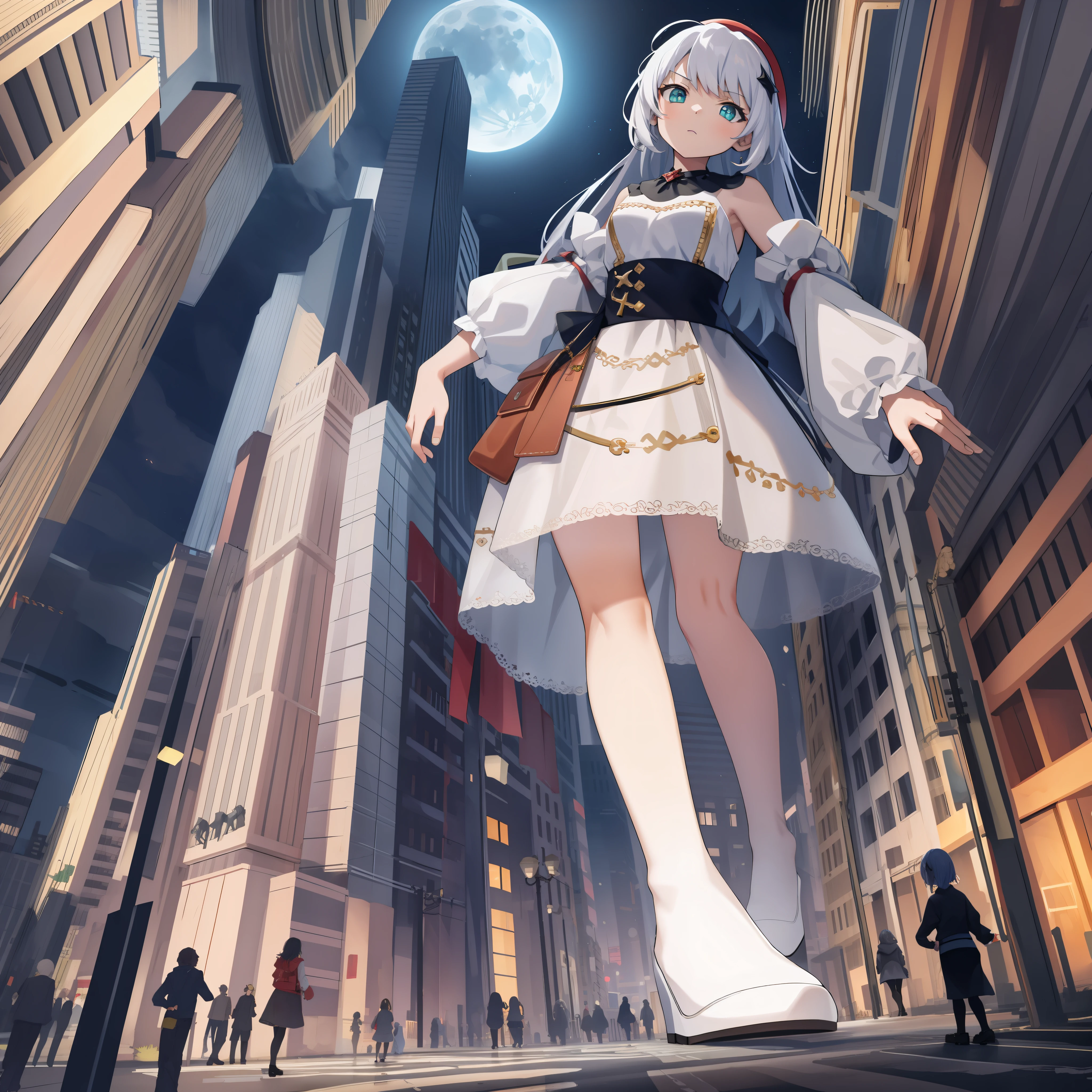 looking up , ,(masterpiece:1.1),[Enchanting, Ruined City, Night, On Top of a Crumbled Skyscraper, High Angle, Leaping with Grace, Slender, Monster, Dark Red Skin, Small Breasts, Yellow-Green Eyes, Long White Hair, Tattered Dress, Sultry Stare, Illuminated by the Moon.], , , ,[cga colored lighting, raytracing, HDR], 2girls, size difference, gtsgiga, looming, stepping