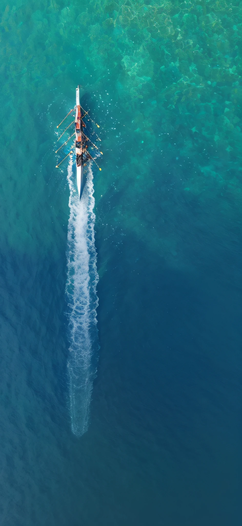 there is a boat that is going down the water in the ocean, top-down shot, top down shot, treading on calm water, overhead shot, rowing boat, shot from above, drone photography, overhead photography, top down photo, treading above calm water, photo taken from above, aerial shot, taking from above, top - down photograph, wide overhead shot