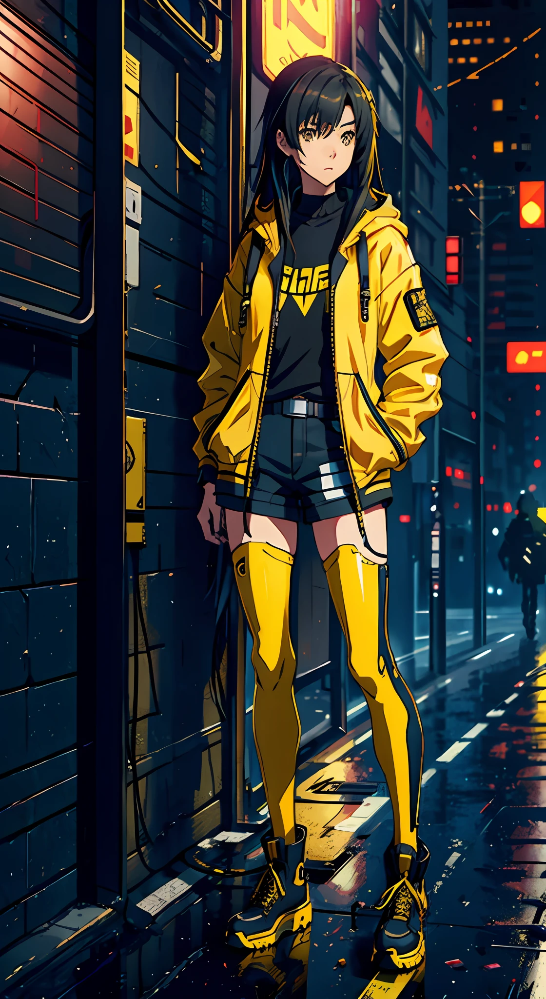 A girl, yellow jacket, black stockings, hands in pockets, staring at another person, messy long hair, cyberpunk, 8k resolution, very detailed, anatomically correct, digital painting, concept art, Makoto Shinkai style, clear picture,