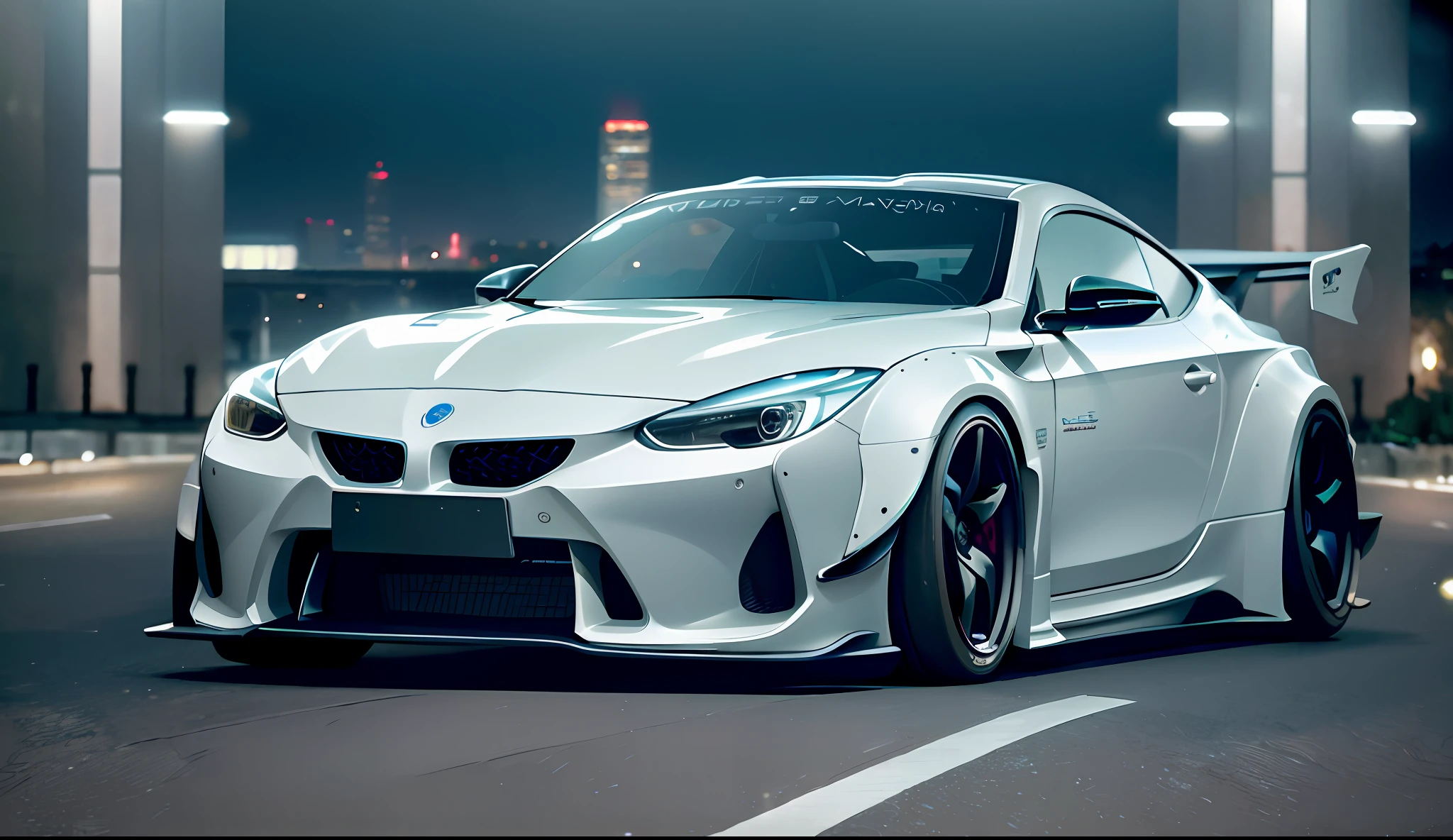 ((masterpiece,best quality)),ultra-detailed, 4k, highres, cinematic, widebody sports car, vehicle focus, city, neon lights, skyscraper,