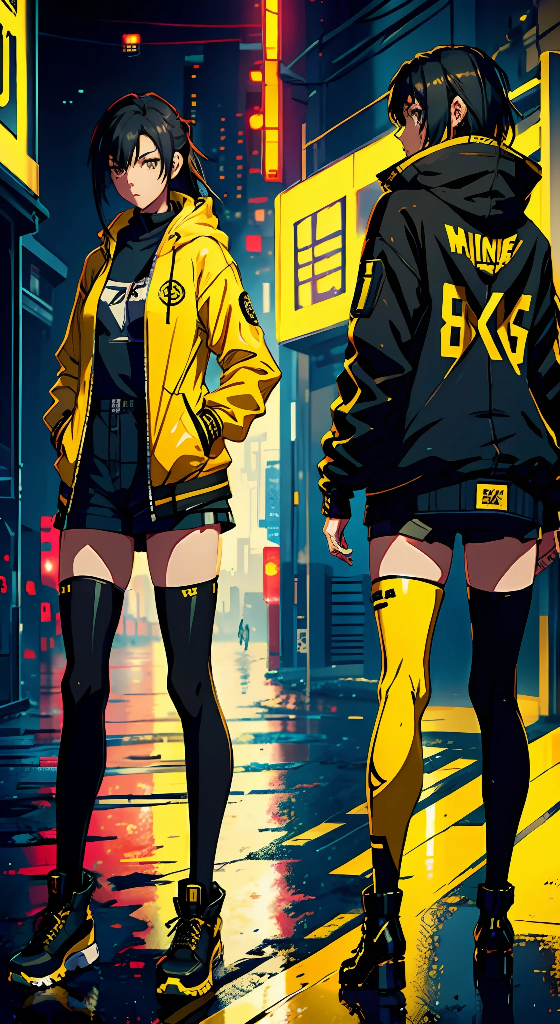 A girl, yellow jacket, black stockings, hands in pockets, staring at another person, messy long hair, cyberpunk, 8k resolution, very detailed, anatomically correct, digital painting, concept art, Makoto Shinkai style, clear picture,