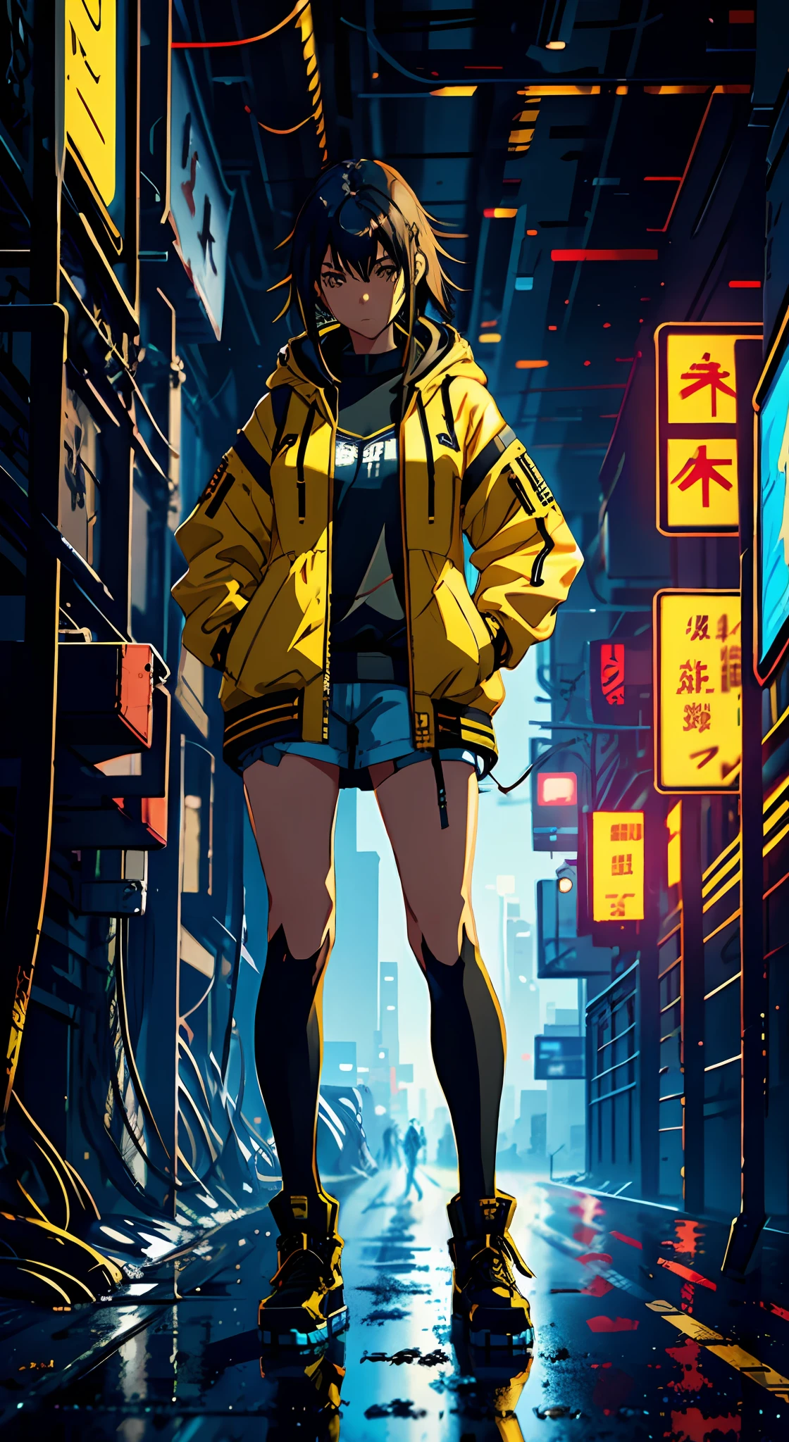 A girl, yellow jacket, black stockings, hands in pockets, staring at another person, messy long hair, cyberpunk, 8k resolution, very detailed, anatomically correct, digital painting, concept art, Makoto Shinkai style, clear picture,