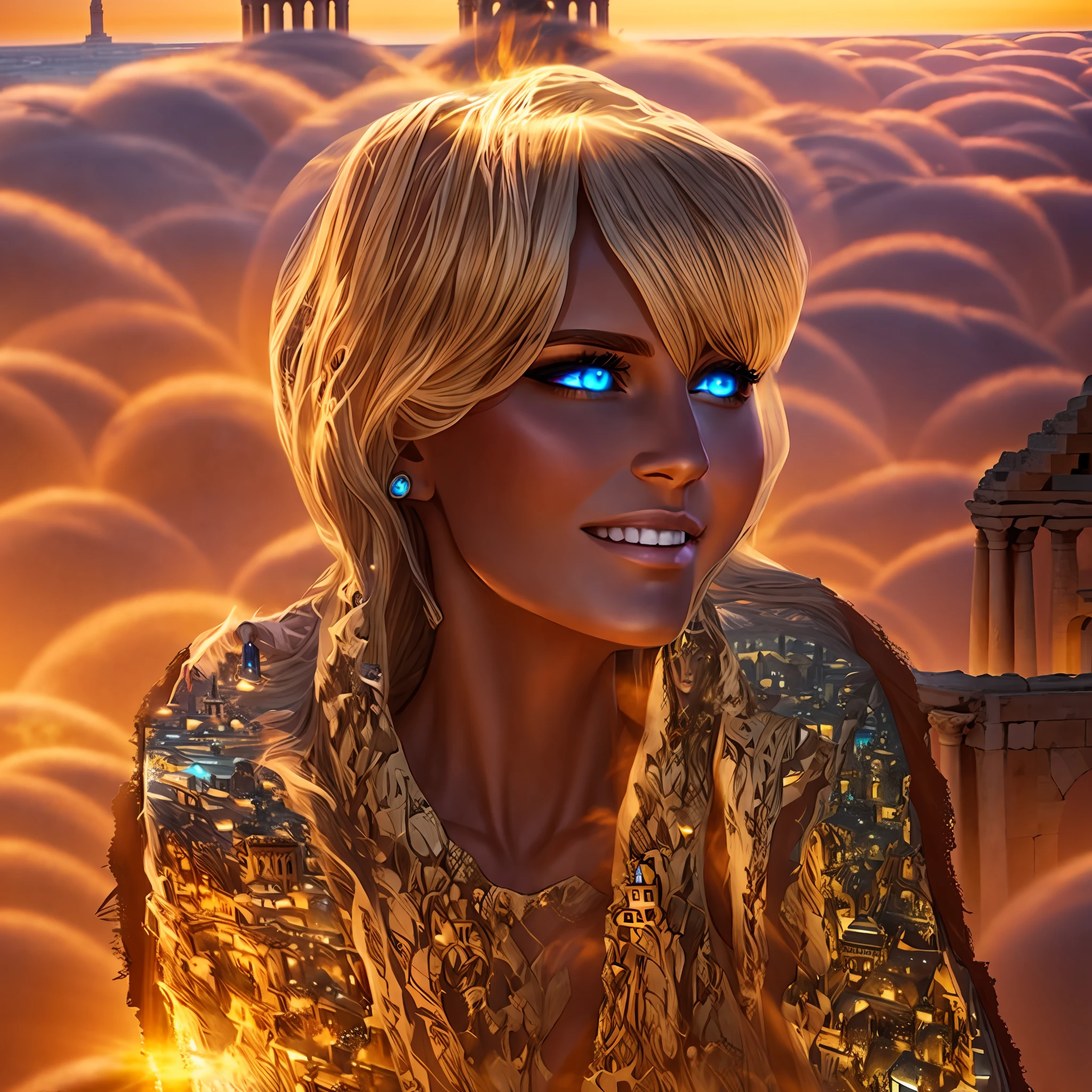 full perspective highly detailed photo of slim, beautiful sorceress with sandy hair and striking eyes standing on a terrace above an ancient mediterranean city, mysterious, mystical, arcane, occult --ar 2:3