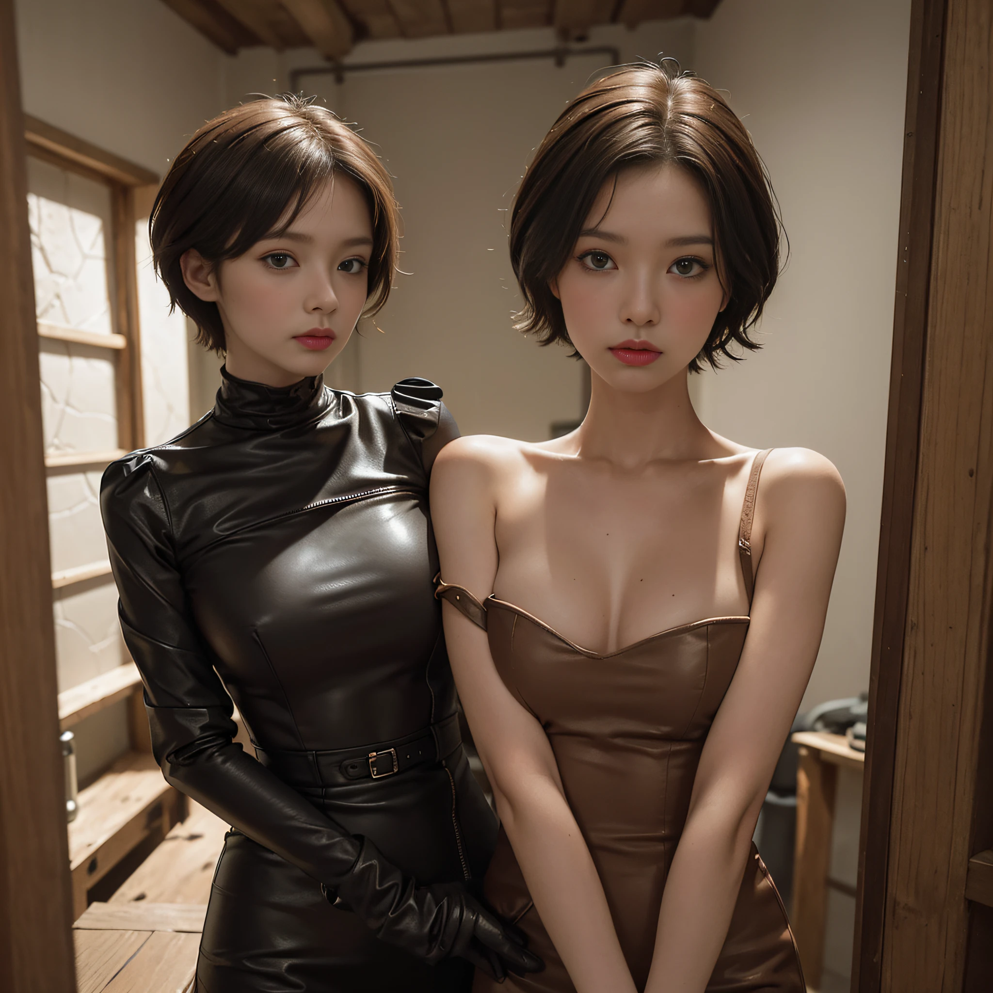 (in prison cell), woman with a whip, (((top quality, 8k, masterpiece: 1.3)), crisp focus: 1.2, beautiful woman with perfect figure: 1.4, slender abs: 1.2, ((layer cut, big: 1.2)), (rain, street: 1.2), wet body: 1.5, very detailed face and skin texture, detailed eyes, very short hair, brown hair, studio, BDSM, slave, rubber, wearing a dress