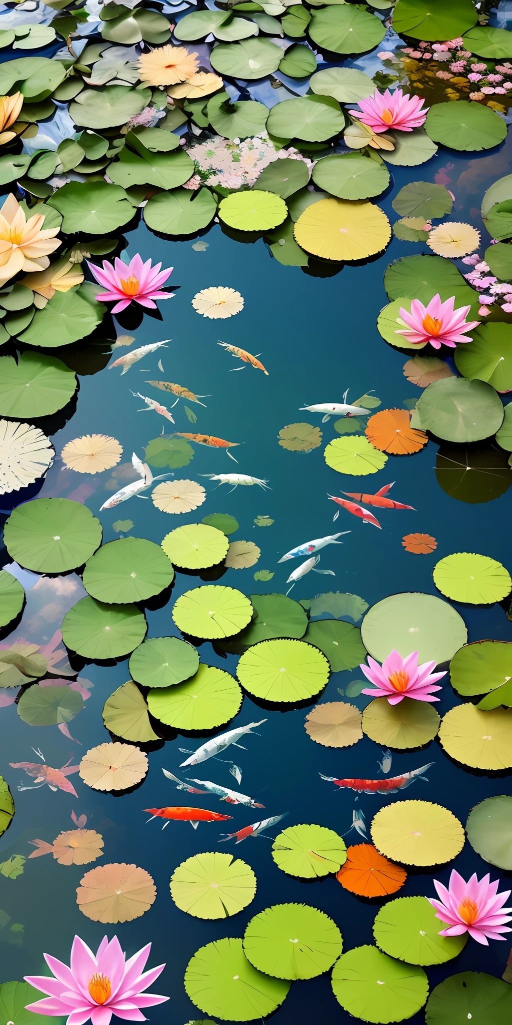 view from above, water mirror, masterpiece, best quality, (very detailed photorealistic 8k wallpaper) (best quality), (best illustration), (best shadows) Nature&#39, water pond full of colourful koi, one little octopus, water lilies, nenuphares, delicate petals of various colors falling in the clear water, super detailed --v6