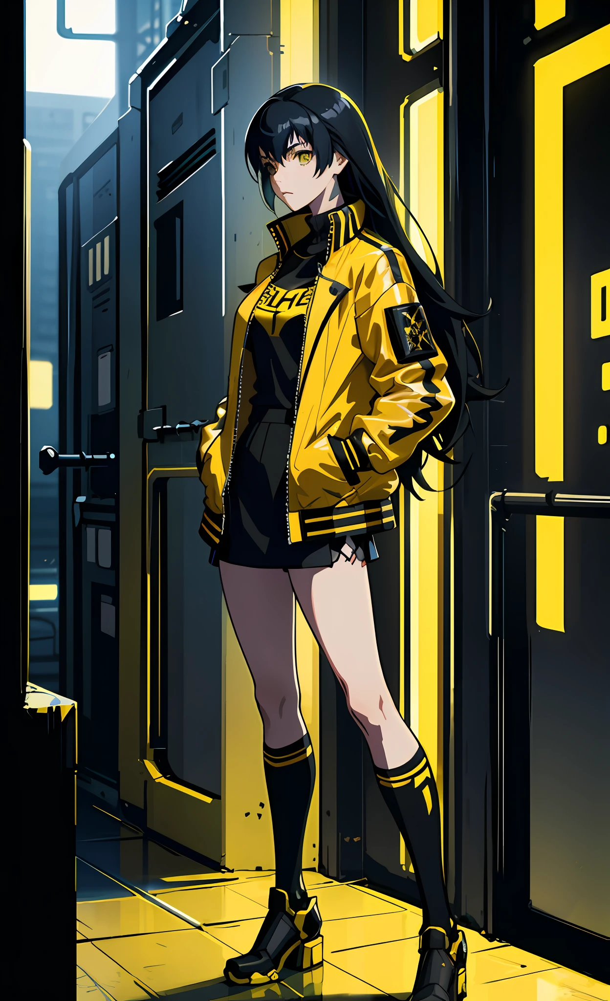 A girl, yellow jacket, black stockings, hands in pockets, staring at another person, messy long hair, cyberpunk, 8k resolution, very detailed, anatomically correct, digital painting, concept art, Makoto Shinkai style, clear picture,