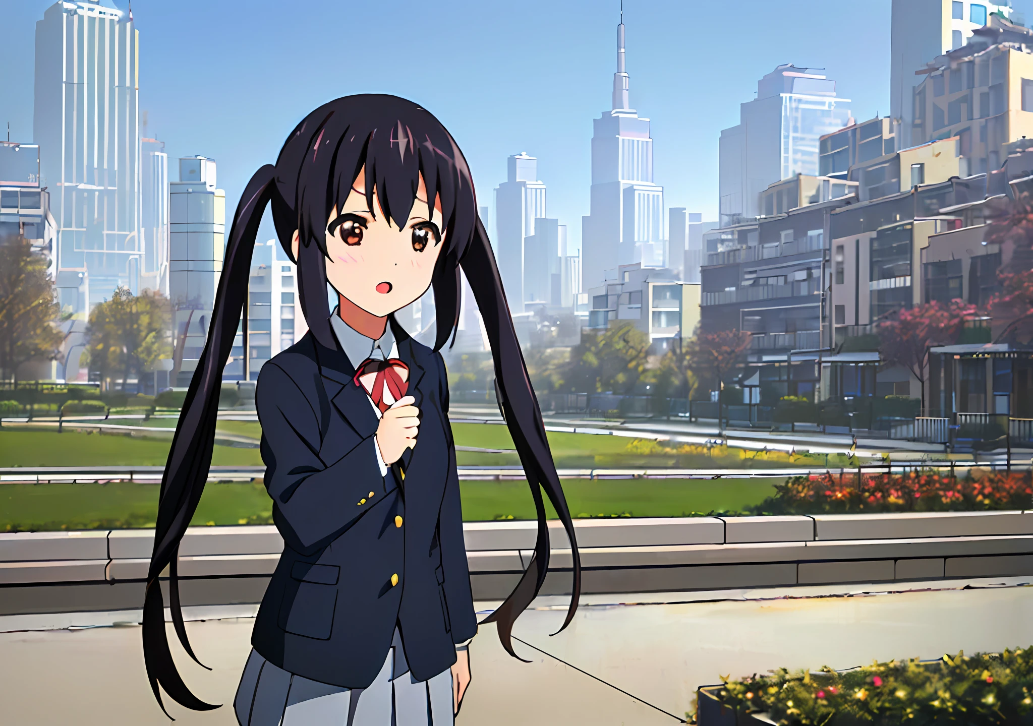 1girl, ((((Masterpiece))), Best Quality, Best Quality, High Detail, Azusa Nakano, 1girl, Sakuragaoka High School Uniform, Musical Instrument, School Uniform, Twin Tails, Long Hair, Black Hair, Brown Eyes, Solo, Red, Dark blue blazer with a thin ribbon of red, Solid white button shirt under blazer, Illustration, Cartoon, Soothing tones, Muted colors, Soft cinematic light, Adobe Lightroom, Photo Lab, HDR, complex and highly detailed, (((depth of field))))). (((Masterpiece))). (((highest quality))).) ((super detail))). (((Illustration))). (((Outside))). (((fighting stance))).,((((Giantization))).dynamic focus.small breasts. (((skyscrapers))). (((Cityscape))). (((Face of sadness))). open mouth.
