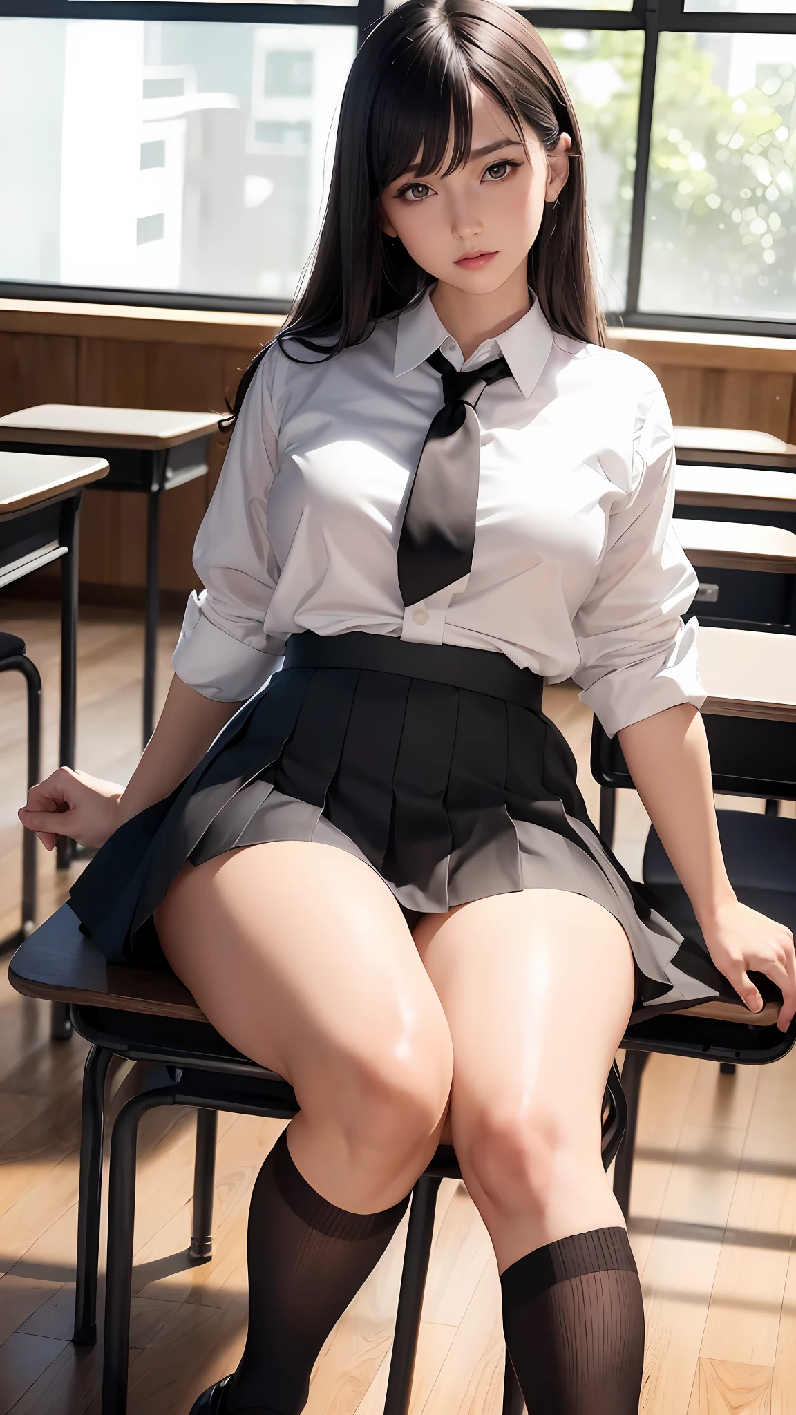 ((Medium-breasted, Small Head)), (Perfect Body: 1.1), (Young), (Short Wavy Hair: 1.2), (((School Uniform)), (Highly Detailed CG 8k Wallpaper), (Very Delicate and Beautiful), (Masterpiece), (Best Quality: 1.0), (Ultra High Definition: 1.0), Beautiful Lighting, Realistic Shadows, [Hi-Res], (((Realistic Skin))), Ultra Detail, A Little Thicker Thigh, ( Beautiful Long Hair), Beautiful Big,(Blush)Photonic, Realistic Face, Realistic Eyes, (Small Eyes), (Eyeliner), (Mascara), Sexy, (Sexy Woman), (Adult Woman), (Dark Brown Hair), Pictures of 20 Year Old Women, (White Lace Panties), (Sitting with Legs Spread On Wooden Chairs in Classroom), (School Uniform), Blurred Background,(Black Knee High Socks), (white shirt), loafers, black socks, (black tie), (black pleated skirt), bangs, brown footwear, (shiny big), school background, (clear brown eyes),sitting, panty shot, legs spread wide, (shiny all over the body) (glossy on the body), (legs spread wide)),hands behind the back, glossy on the legs, shiny on the legs, sweat, (glossy on the legs), absolute area, knee raised, open knees,