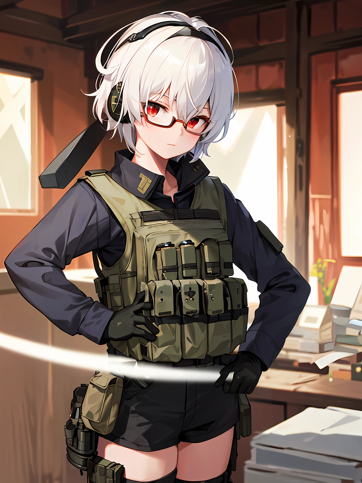 masterpiece , a girl, in battlefield, ( lite white short hair:1.2), (red eyes:1.2), (Russian Millitary Uniform:1.2), (looks at the viewer:1.2) , (8k, best quality 1.2), ultra-detailed, 8k uhd, soft lighting, high quality, film grain, beautiful lighting, cinematic ,perfect body , best illumination, best shadow, sharpness, contrast, red glasses, messy hair, tactical vest, gloves, headset, absurdres high detailed face