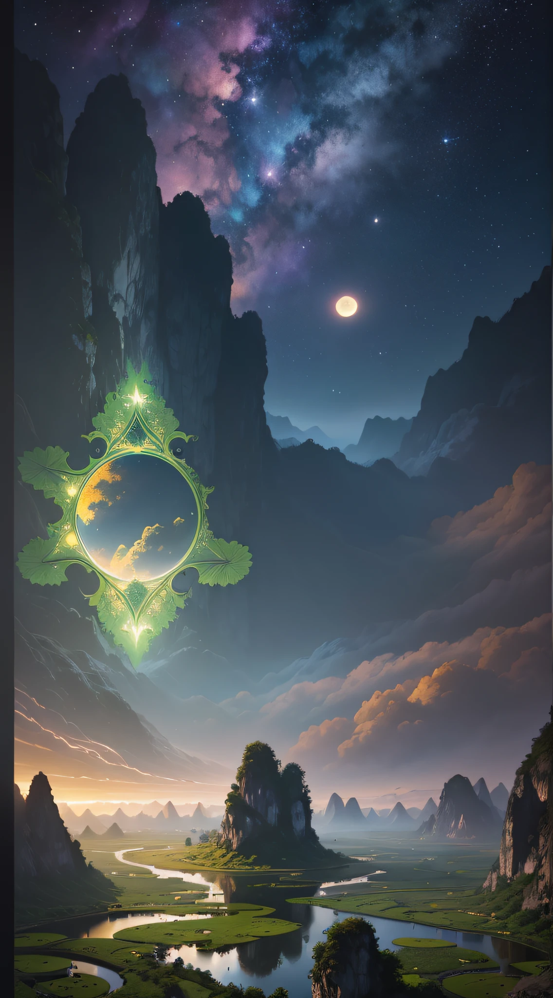 Lotus Pond, Ninh Binh landscape, Vietnam, Tam Coc, Bich Dong, karst topography, centered, symmetry, painted, intricate, volumetric lighting, beautiful, rich deep colors masterpiece, sharp focus, ultra detailed, in the style of dan mumford and marc simonetti, astrophotography, bright moonlight. --auto --s2