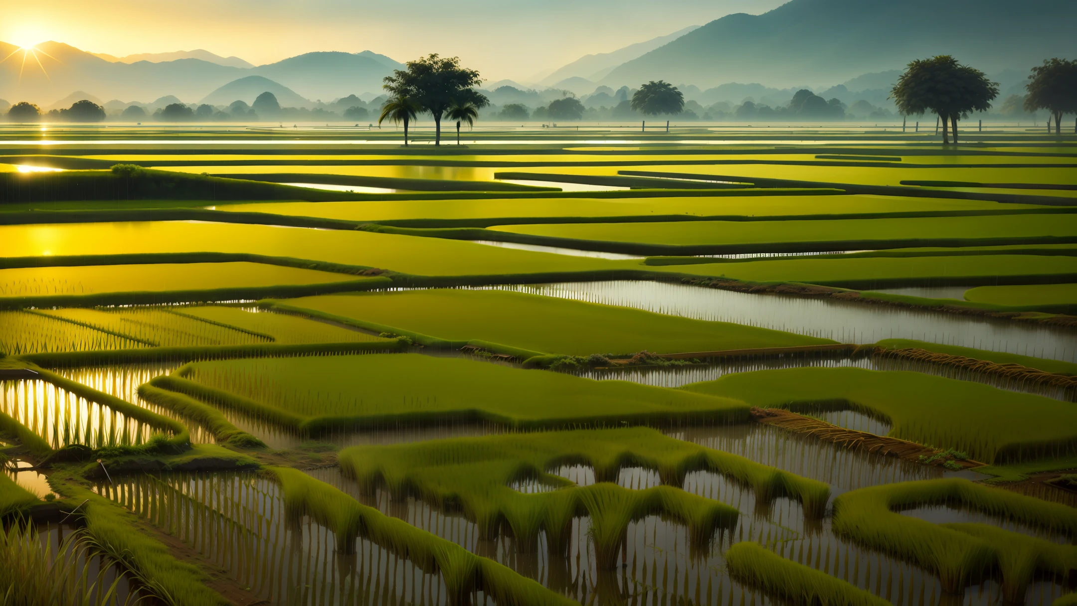 Rice fields rainy day with sunrise light