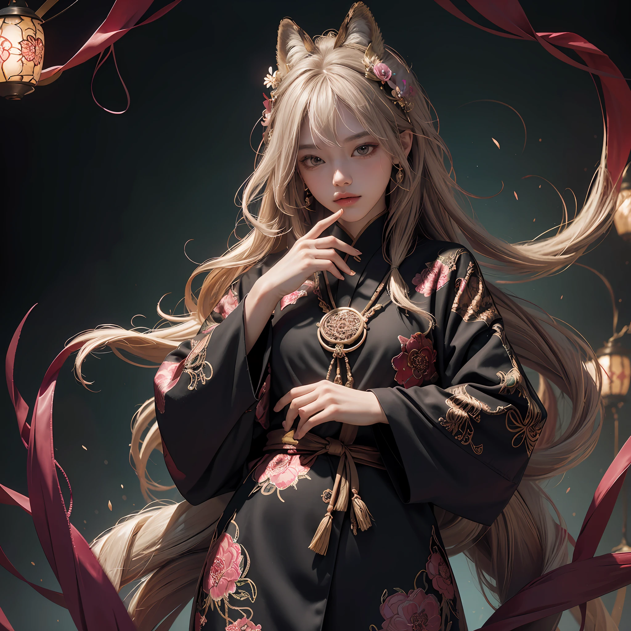 1boy, solo, official art, unified 8k wallpaper, super detailed, beautiful and aesthetic, masterpiece, best quality, realistic, (abstract background) (zentangle, mandala, tangles, tangled background: 0.7) Kitsune, fox mask, haori jacket, foxfire spell, fox enchantment, metamorphosis, depth of field, fantastic atmosphere, most beautiful chaos form, elegant, fauvist design, flower of death, flower of ecstasy, ((do not show your hands)))