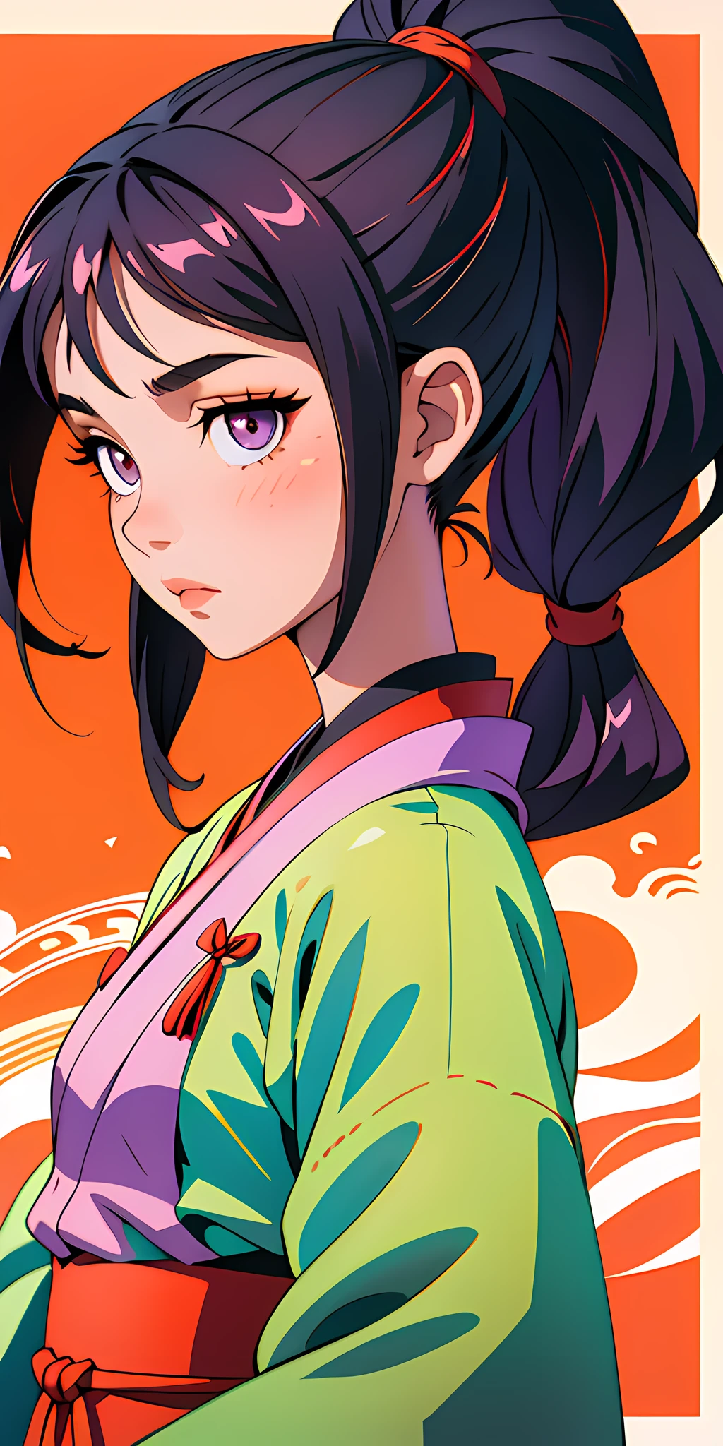 Upper body, Chinese girl in Hanfu, rich patterns, dignified atmosphere, with oriental beauty, black hair, ponytail, purple pupils, mid-chest, wallpaper, gemstones, hairpins