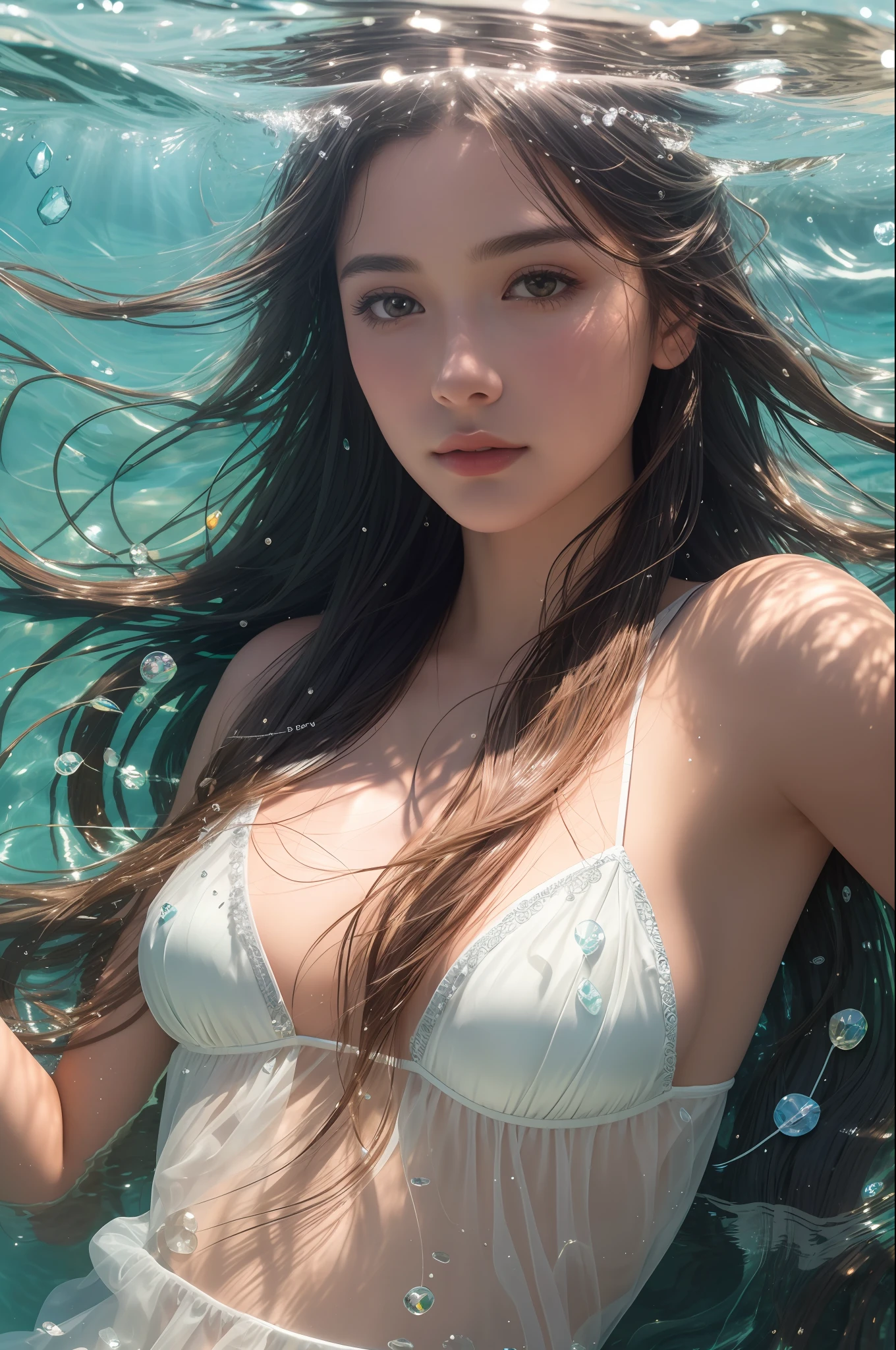 The model's head and ???? shoulders emerge from the surface of a crystal clear lake. Her long hair floats in the water, intertwining with strands of pearls, seashells and seaweed. Rays of sunlight creating a shimmering, rippling effect around her.  
(RAW photo, best quality),(realistic, photo-realistic:1.3), clean, masterpiece,finely detail,masterpiece,ultra-detailed,highres,(best illustration),(best shadow),intricate, bright light