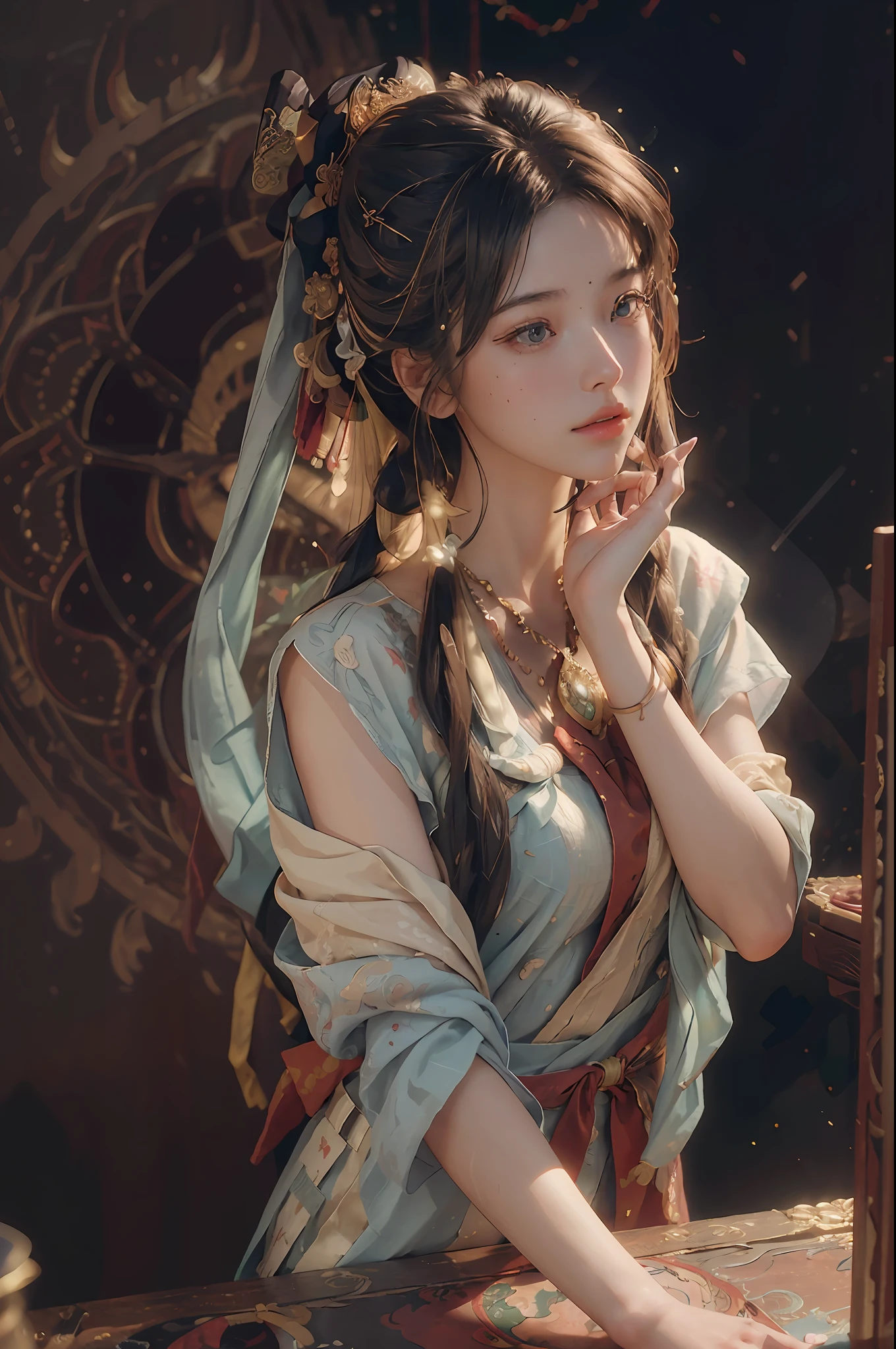 (RAW photo, best quality), (realistic, photo-realistic:1.3),best quality,highly detailed,masterpiece,ultra-detailed,illustration,1girl,upper_body,dynamic angle,world masterpiece theater,messy_long_hair,best quality,extremely detailed CG unity 8k wallpaper,ink,Amazing,cinematic lighting,lens_flare, dunhuang_style