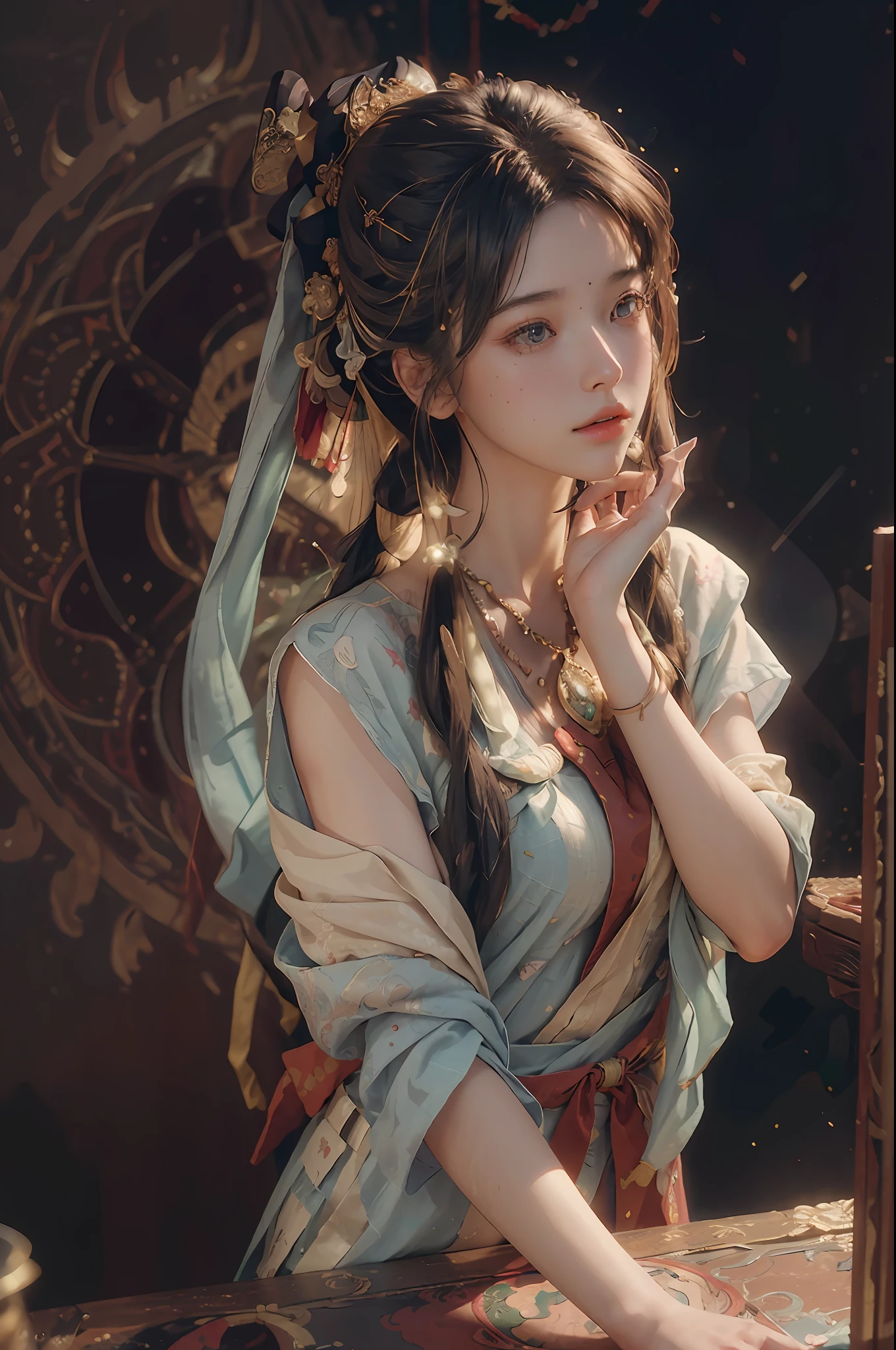 (RAW photo, best quality), (realistic, photo-realistic:1.3),best quality,highly detailed,masterpiece,ultra-detailed,illustration,1girl,upper_body,dynamic angle,world masterpiece theater,messy_long_hair,best quality,extremely detailed CG unity 8k wallpaper,ink,Amazing,cinematic lighting,lens_flare, dunhuang_style