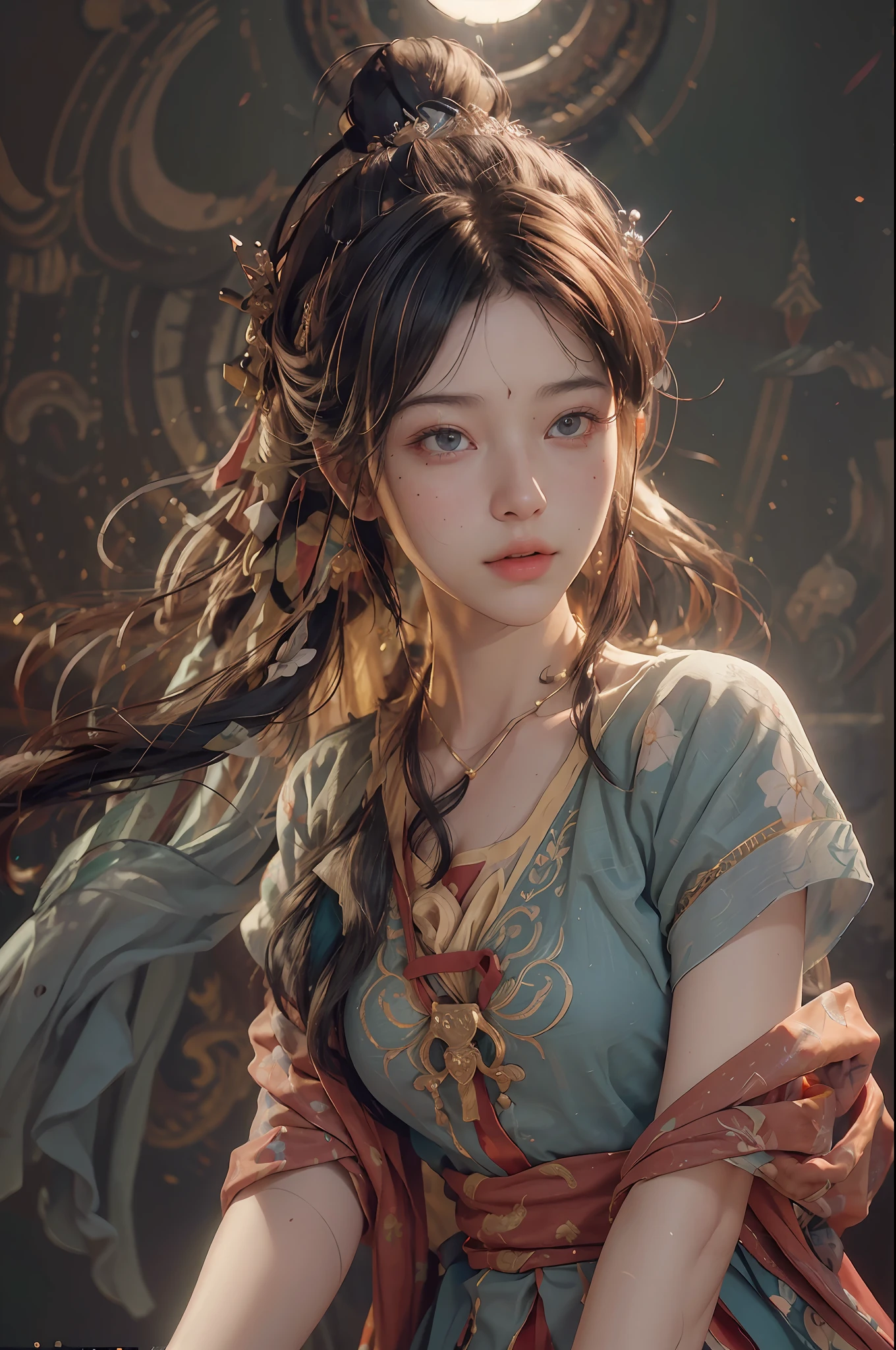(RAW photo, best quality), (realistic, photo-realistic:1.3),best quality,highly detailed,masterpiece,ultra-detailed,illustration,1girl,upper_body,dynamic angle,world masterpiece theater,messy_long_hair,best quality,extremely detailed CG unity 8k wallpaper,ink,Amazing,cinematic lighting,lens_flare, dunhuang_style
