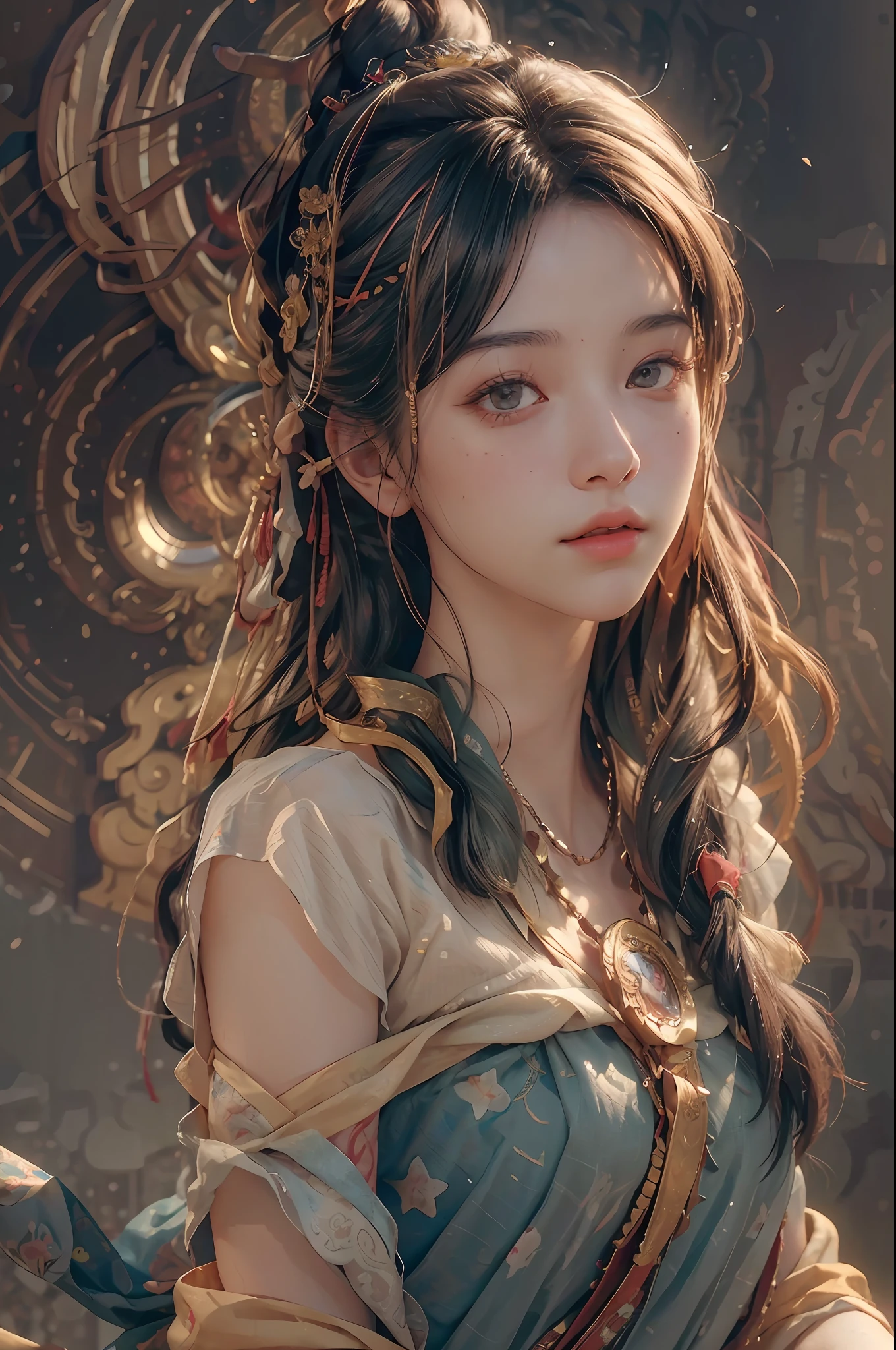 (RAW photo, best quality), (realistic, photo-realistic:1.3),best quality,highly detailed,masterpiece,ultra-detailed,illustration,1girl,upper_body,dynamic angle,world masterpiece theater,messy_long_hair,best quality,extremely detailed CG unity 8k wallpaper,ink,Amazing,cinematic lighting,lens_flare, dunhuang_style