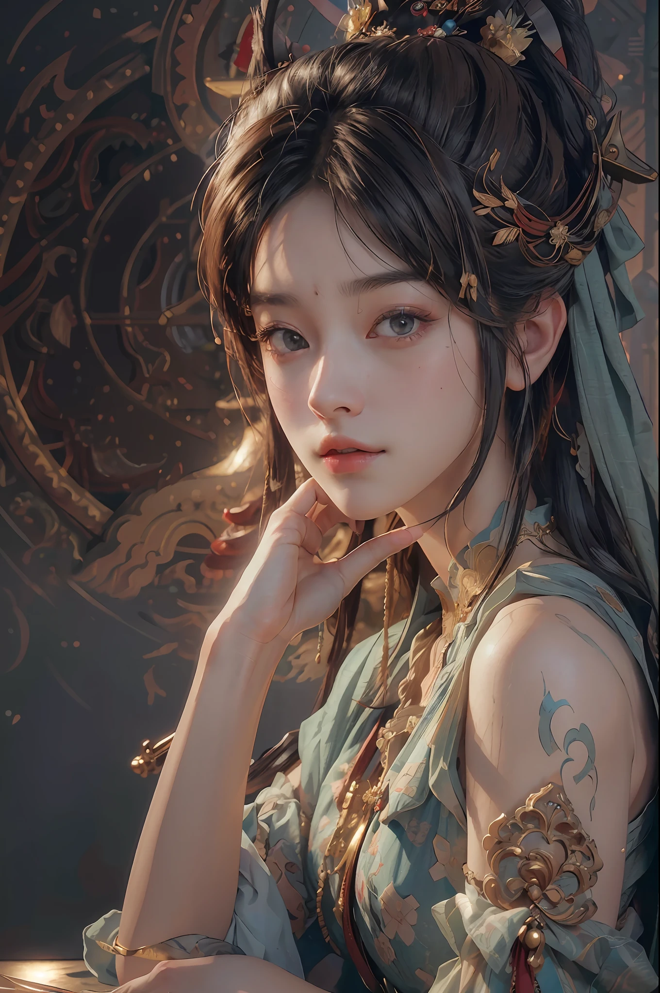 (RAW photo, best quality), (realistic, photo-realistic:1.3),best quality,highly detailed,masterpiece,ultra-detailed,illustration,1girl,upper_body,dynamic angle,world masterpiece theater,messy_long_hair,best quality,extremely detailed CG unity 8k wallpaper,ink,Amazing,cinematic lighting,lens_flare, dunhuang_style