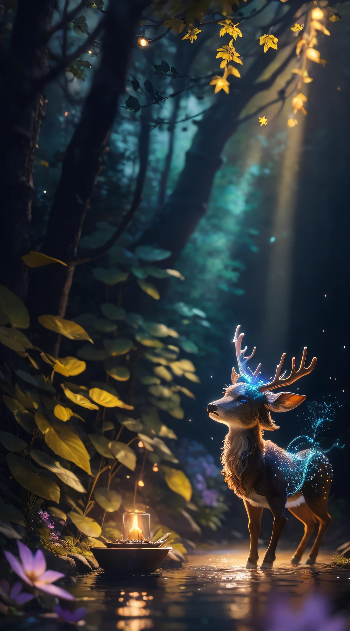 Masterpiece, best quality, (very detailed CG unified 8k wallpaper), (best quality), (best illustration), (best shadow), glowing elf with glowing deer, drinking water in swimming pool, natural elements of forest theme. Mysterious forest, beautiful forest, nature, surrounded by flowers, delicate leaves and branches surrounded by fireflies (natural elements), (jungle theme), (leaves), (branches), (fireflies), (particle effects) and other 3D, octane rendering, ray tracing, super detailed, deer --auto --v6 --s2