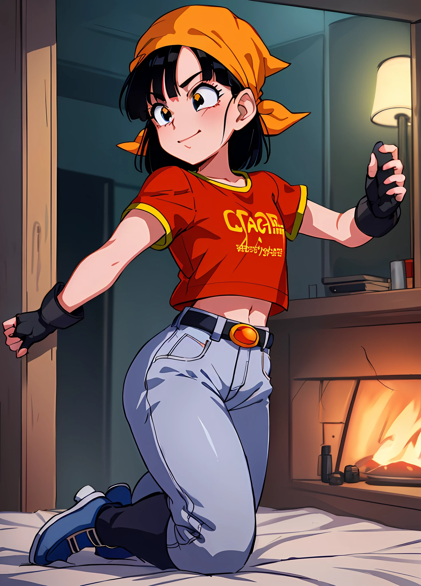 anime girl in a red shirt and jeans holding a remote control, inspired by Akira Toriyama, female protagonist 👀 :8, fire!! full body, chun li at the gym, (nsfw) not safe for work, marin kitagawa fanart, akira toriyama style, in the art style of 8 0 s anime, saiyan girl, gainax anime style