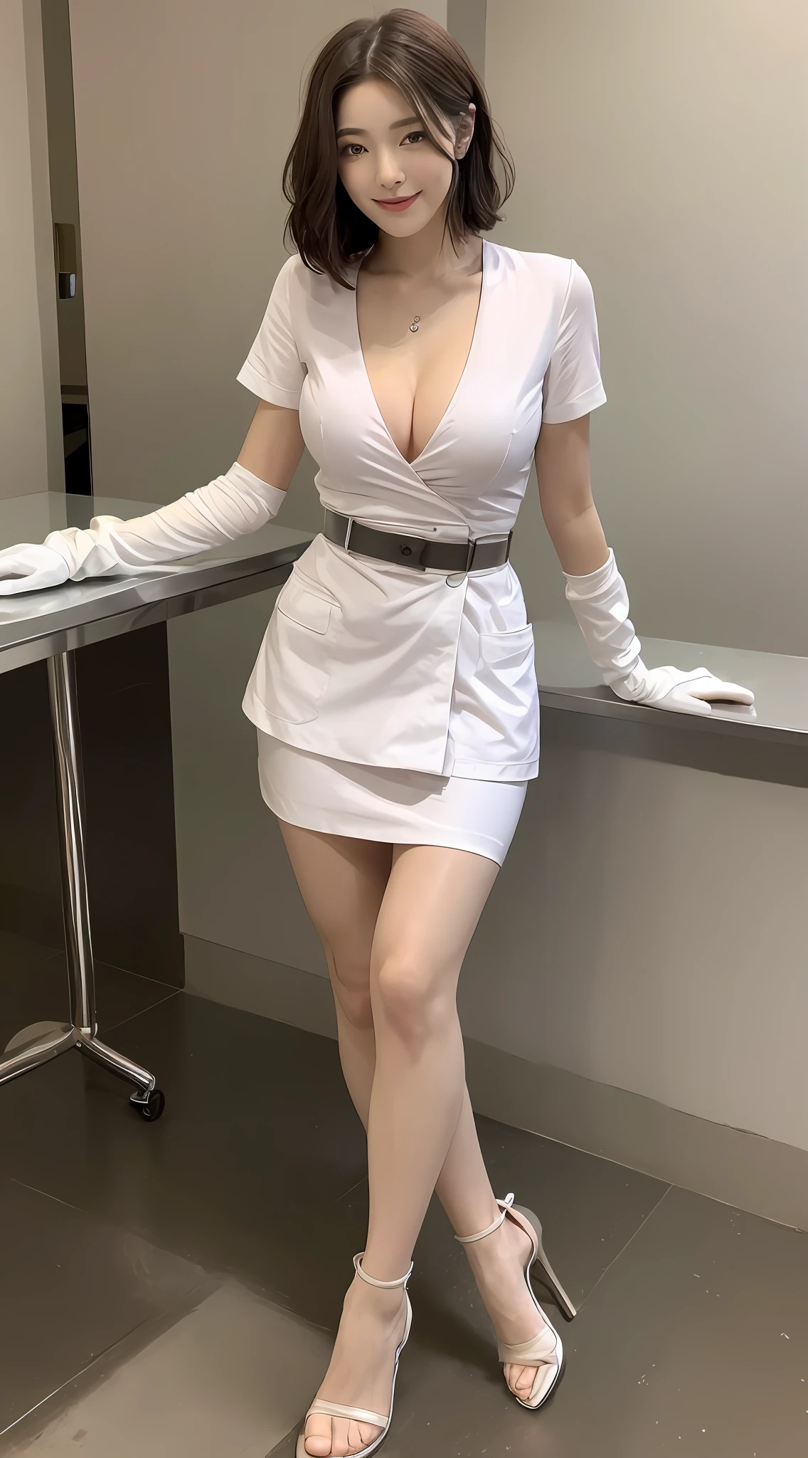 ((Best Quality, 8K, Masterpiece: 1.3)), Wide Angle, Focus: 1.2, 2 Petite Nurses, Perfect Body Beauty: 1.4, ((Short Hair, Layered Haircut, Beautiful Breasts: 1.2)), (Wet Clothes: 1.1), Highly Detailed Face and Skin Texture, Fine Eyes, Double Eyelids, Whitened Skin, (Realistic Light, Best Quality, 8K, Realistic, Masterpiece: 1.3)), Clear Focus: 1.5, Beautiful Nurse, Perfect Body Beauty: 1.4, Slim Abs:1.1, ((Dark brown layered short hair flowing hair: 1.2)), (White nurse suit: 1.4, Blue nurse uniform: 1.4, open, nurse cap: 1.2, gloves: 0.5), Operating room, ultra-fine face, realistic pupils, double eyelids, long eyelashes, swollen eyes, healing smile, pink and fair skin: 1.5, (delicate stiletto heels crystal band sandals, high quality: 1.2, fair pink toes: 1.5), waist focus, hip focus, buttocks: 0. 6, Model pose [Full body: 1.2]