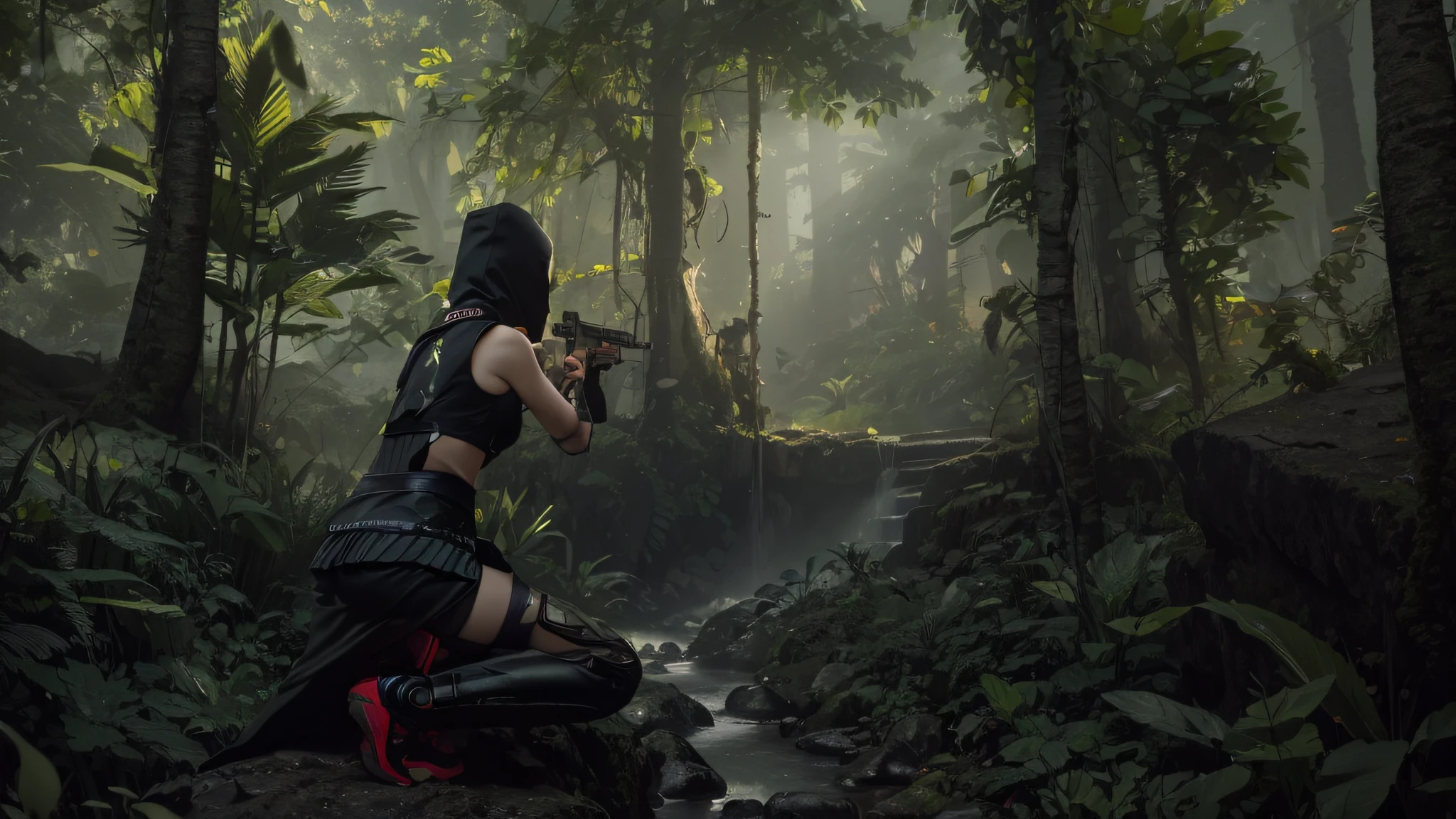 1girl, a ninja girl with a black hood, holding an AK47 in her hand, is aiming at the misty jungle in the distance, black skirt, sexy back, upper body, close-up, 8k, RAW photo, best picture quality, masterpiece, realism, realism, split bangs, long hair,