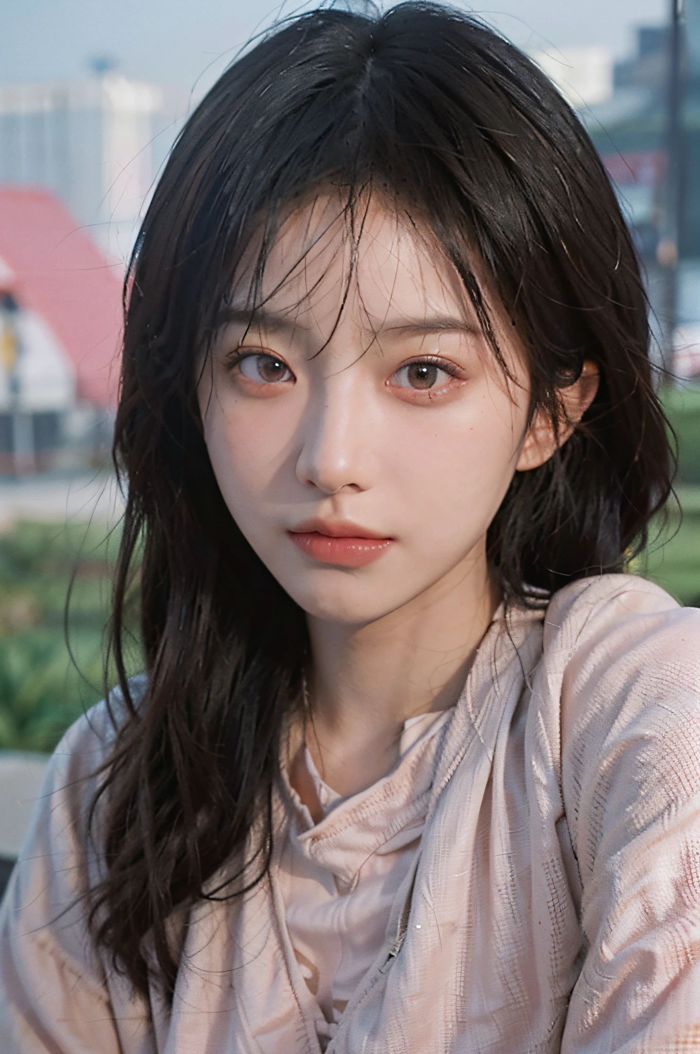 8K, Best Quality, Masterpiece, Ultra High Resolution, (Realism: 1.4), Original Photo, (Realistic Skin Texture: 1.3), (Film Grain: 1.3), (Selfie Angle), 1 Girl, Pink Clothes, Sapphire Color Eyes and Beautiful Face Details, Masterpiece, Best Quality, Close-up, Upper Body Highest Quality Picture Quality Pull-up