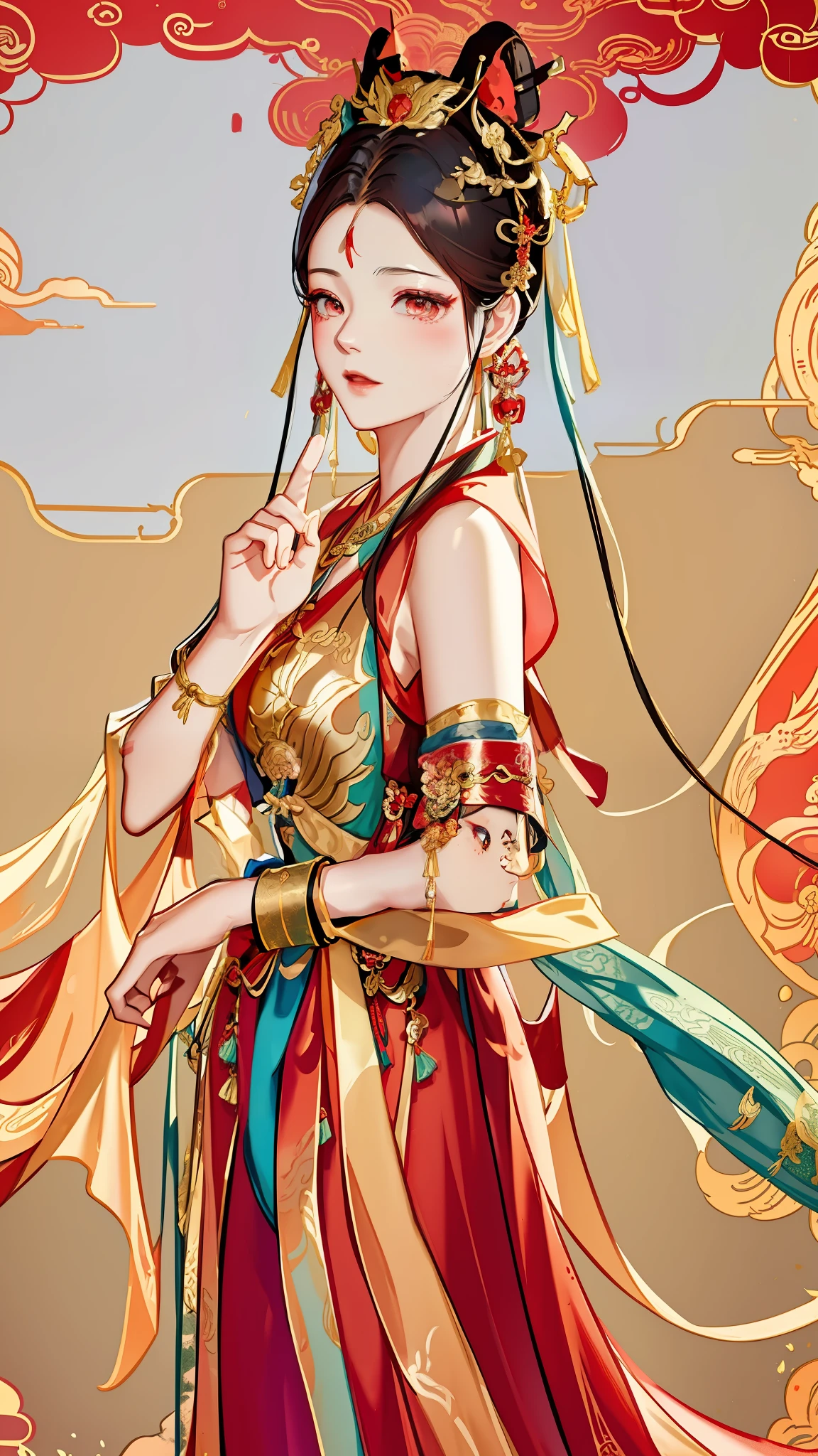 Dunhuang fairy, red and gold headdress, hanfu, hanfu girl, wearing ancient chinese costume, ancient chinese princess, full body, fairy xia flowing, masterpiece, ultra hd, best quality, official art, 8k wallpaper, very detailed, illustration