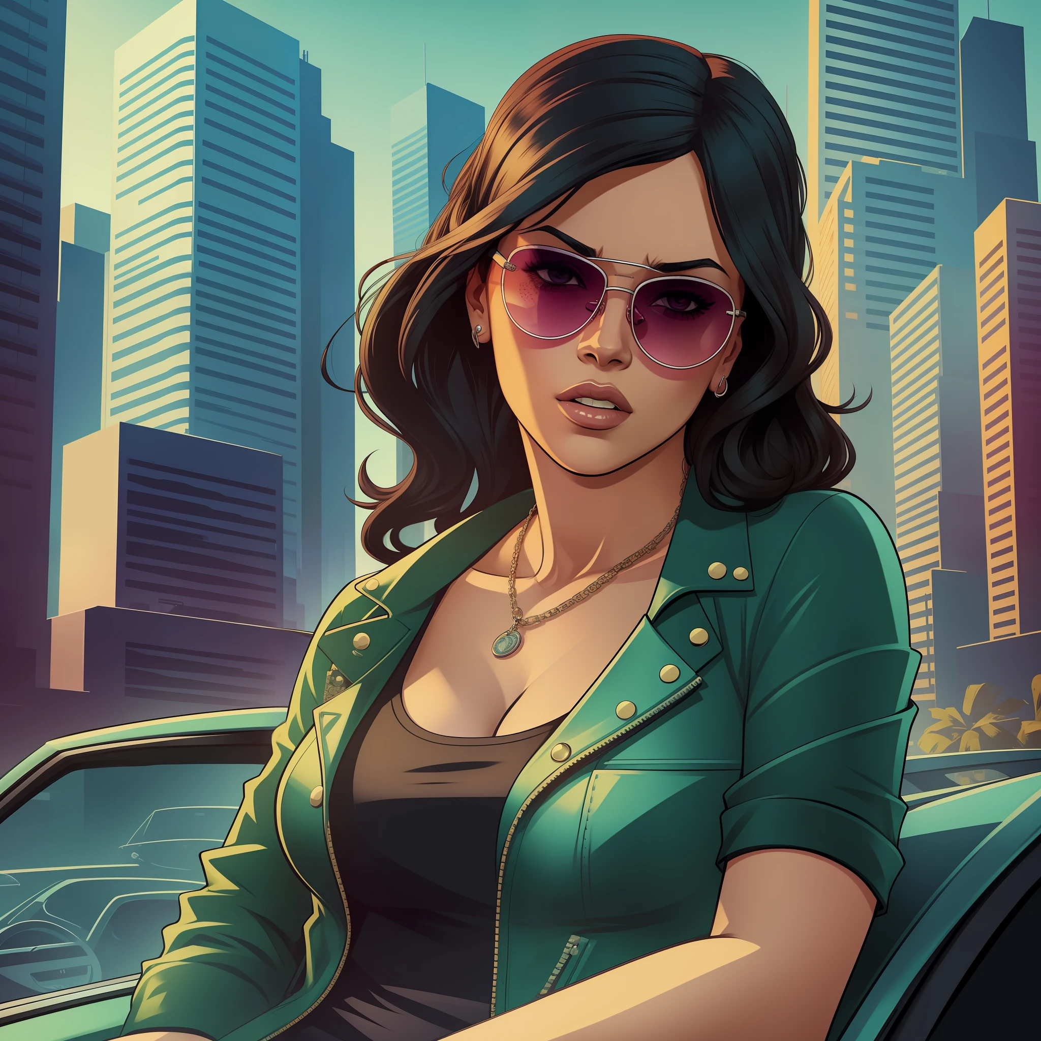 A woman sitting in a car, woman in sunglasses, city, GTA V artwork style, GTA art, GTA V art, art GTA 5 comics, GTA art style, art GTA 5 cover, 2d game art GTA5 cover, in digital illustration style, 2d art GTA5 cover