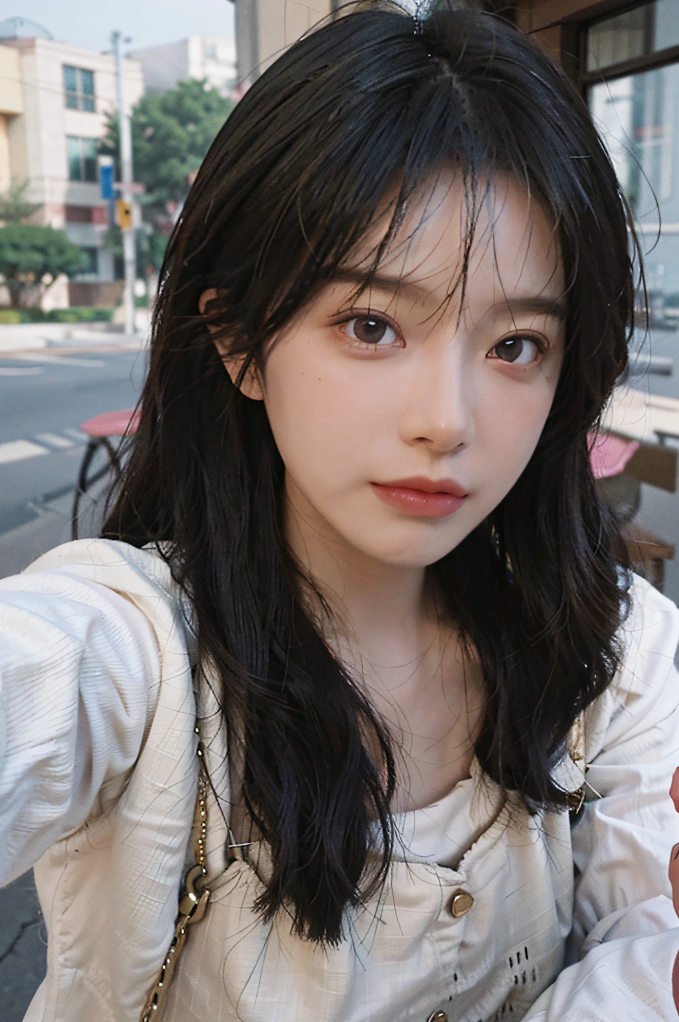 8K, Best Quality, Masterpiece, Ultra High Resolution, (Realism: 1.4), Original Photo, (Realistic Skin Texture: 1.3), (Film Grain: 1.3), (Selfie Angle), 1 Girl, Pink Clothes, Sapphire Color Eyes and Beautiful Face Details, Masterpiece, Best Quality, Close Up, Upper Body