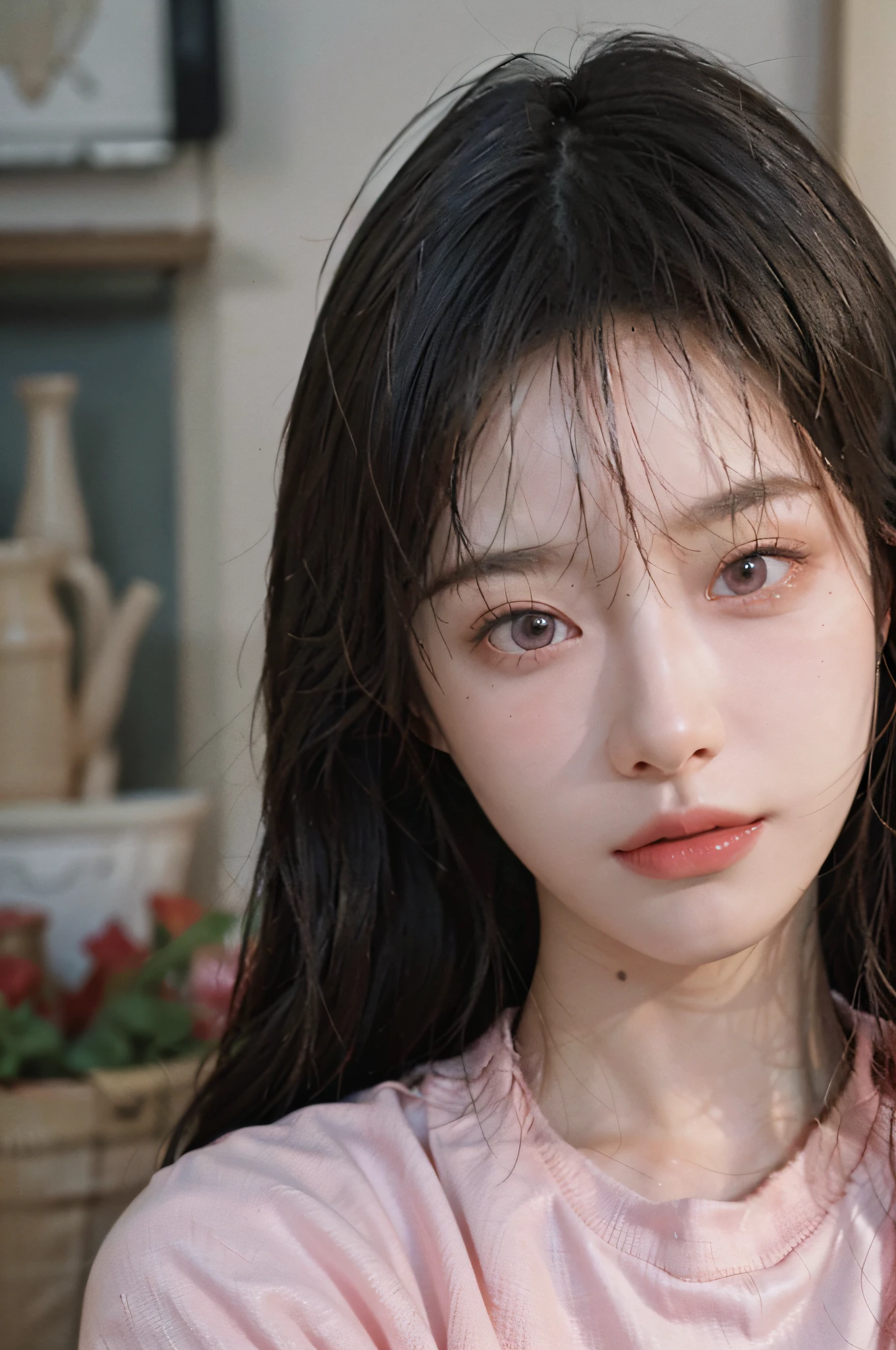 8K, Best Quality, Masterpiece, Ultra High Resolution, (Realism: 1.4), Original Photo, (Realistic Skin Texture: 1.3), (Film Grain: 1.3), (Selfie Angle), 1 Girl, Pink Clothes, Sapphire Color Eyes and Beautiful Face Details, Masterpiece, Best Quality, Close Up, Upper Body