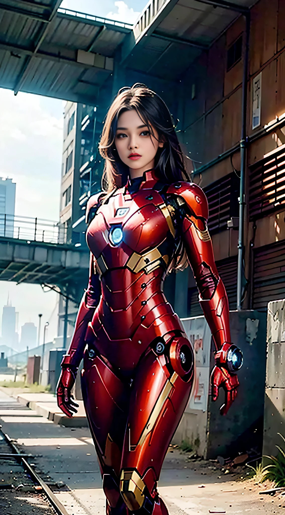 8k, realistic, attractive, highly detailed, a 20 year old girl a sexy and attractive woman inspired by Iron Man wearing a shiny Iron Man mech. She dresses with sexiness and confidence, perfectly interpreting Iron Man's strength and charisma. The abandoned warehouse serves as a backdrop, creating a unique atmosphere that highlights her bravery and perseverance. The cloudy sky adds a sense of tension and mystery to the whole scene. This high-definition, high-quality picture will bring you a shocking visual experience. The detailed abandoned warehouse and shiny mechs will keep your eyes on you. oc rendering, dramatic lighting, award winning quality