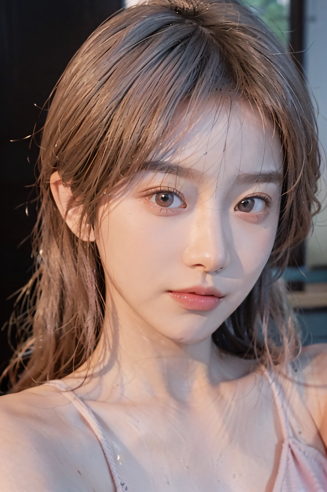8K, Best Quality, Masterpiece, Ultra High Resolution, (Realism: 1.4), Original Photo, (Realistic Skin Texture: 1.3), (Film Grain: 1.3), (Selfie Angle), 1 Girl, Pink Clothes, Sapphire Color Eyes and Beautiful Face Details, Masterpiece, Best Quality, Close Up, Upper Body