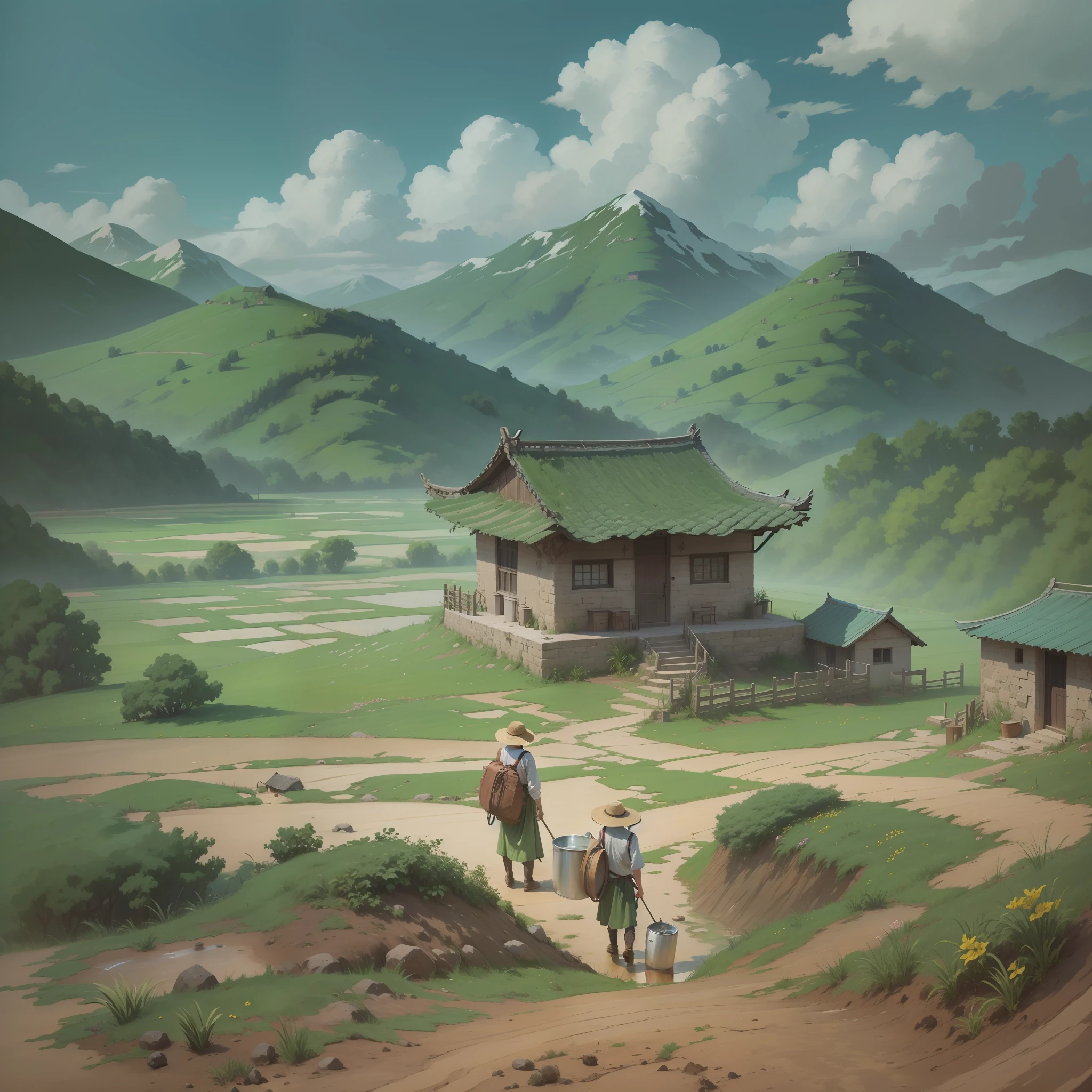 There is a well in the desolate countryside, and Chinese farmers are carrying water, tile houses