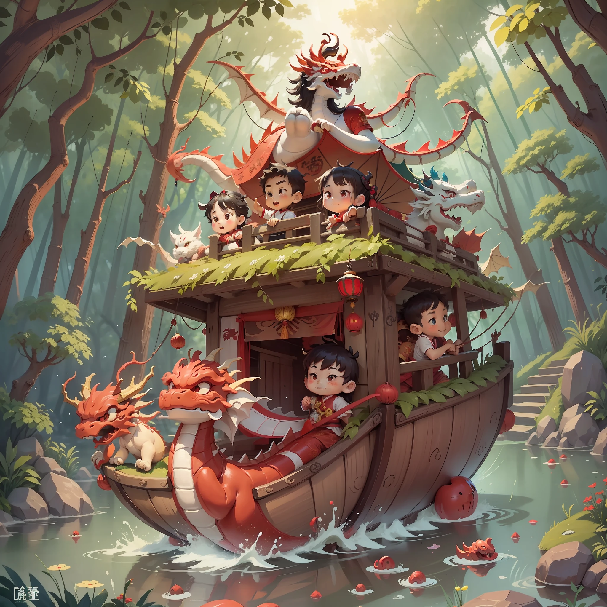 A group of cute boys and girls in a boat, the bow of the boat has a red (Chinese dragon head 1.5), Chinese dragon, Chinese style, in the bamboo forest, festive, happy, happy, perfect quality, clear focus, red as the main tone, colorful, perfect face, intricate details, ultra-low viewing angle, wide angle lens --v 6
