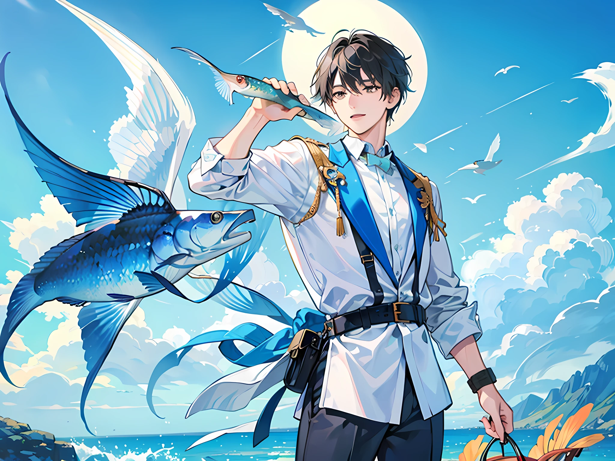 A young man, seaside, blue sky and white jade, catching fish, happy, holding fish in his hand,