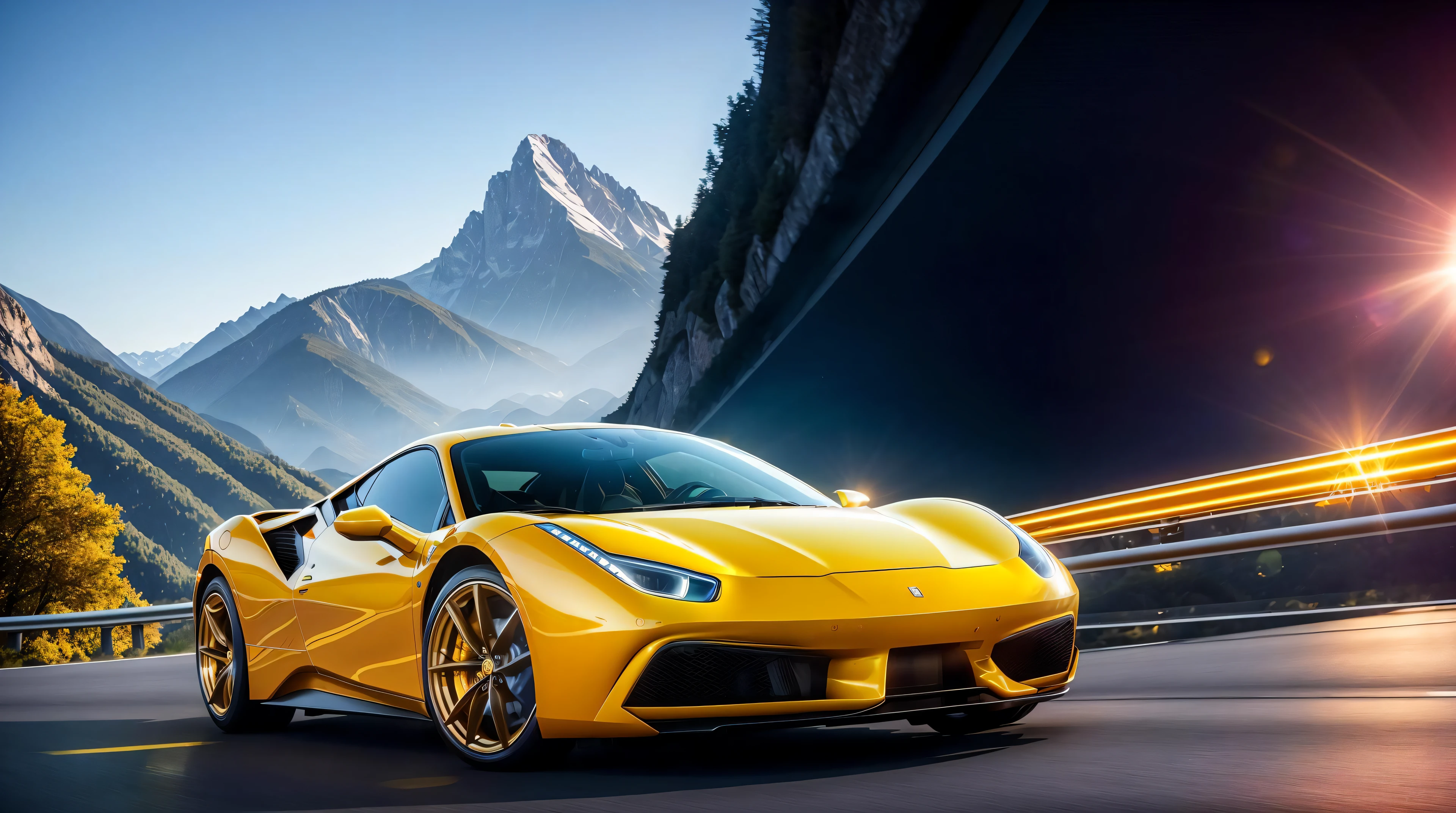 perfect masterpiece photo, very dynamic close shot of CAR:[Ferrari 488 GTB]:1.5  [A car driving through a tunnel of mirrors, the reflections stretching off into infinity.] in place of A mountain pass with sharp hairpin turns and breathtaking scenery in the moment of Morning: The world begins to come to life as the sun rises higher in the sky. People start their day with a cup of coffee or tea, and the sounds of traffic and activity fill the air. The world is buzzing with energy and purpose. cinematic lighting of A bright, harsh spotlight shining on a stage in a theater., 8K, HQ, Highly detailed, ultra realistic, hyper-realistic with dominance of Saffron: A warm, golden yellow color that is vibrant and full of energy. photo is made with Sigma 35mm f/1.4 DG HSM Art - fast aperture prime lens for low light and shallow depth of field by greg rutkowski,  strange, intricate, showing details, sharpen image