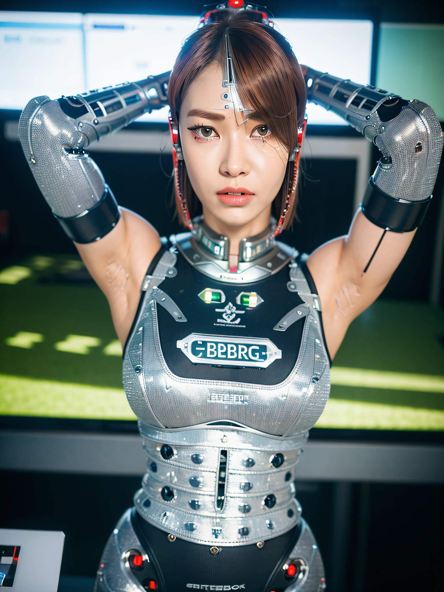 (Cyborg:1.5), Yoga suit, Bob cut, (Cyberpunk: 1.4), (Realism: 1.4), (Best quality: 1.0), (Super resolution: 1.0), 8K, RAW photography, (Masterpiece:0.2), Ultra detail, 1 girl, pale skin, detail skin, look at the beholder, sideways, colossal, protruding, fleshy, camel toe