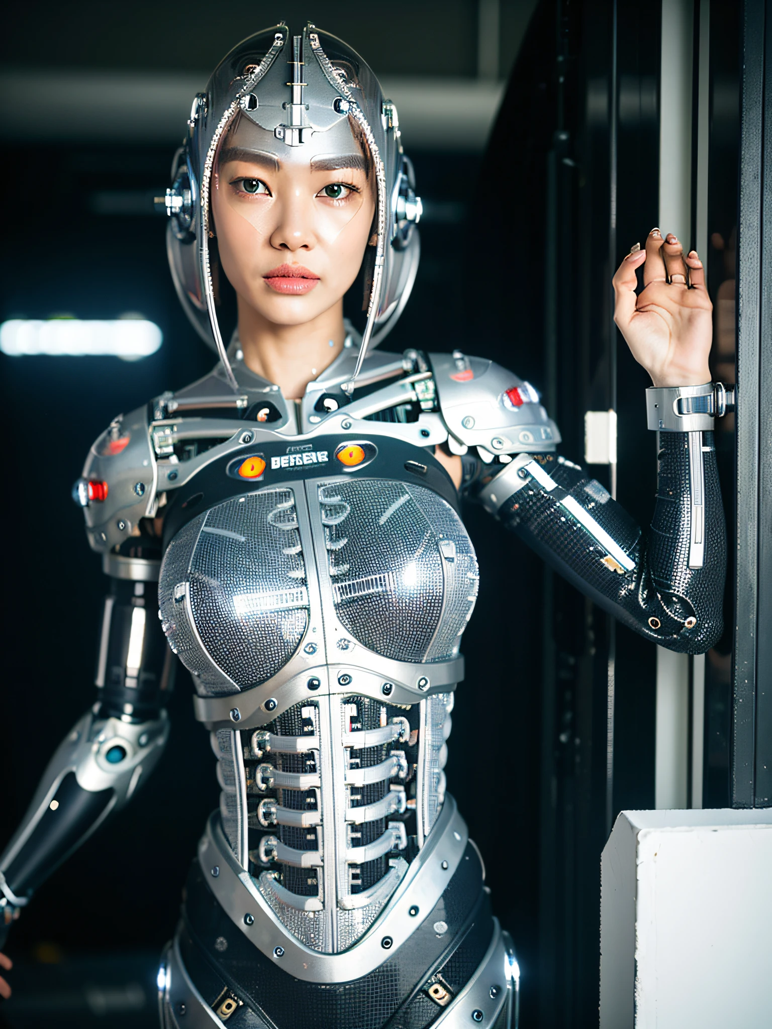 (Cyborg:1.5), Yoga suit, Bob cut, (Cyberpunk: 1.4), (Realism: 1.4), (Best quality: 1.0), (Super resolution: 1.0), 8K, RAW photography, (Masterpiece:0.2), Ultra detail, 1 girl, pale skin, detail skin, look at the beholder, sideways, colossal, protruding, fleshy, camel toe
