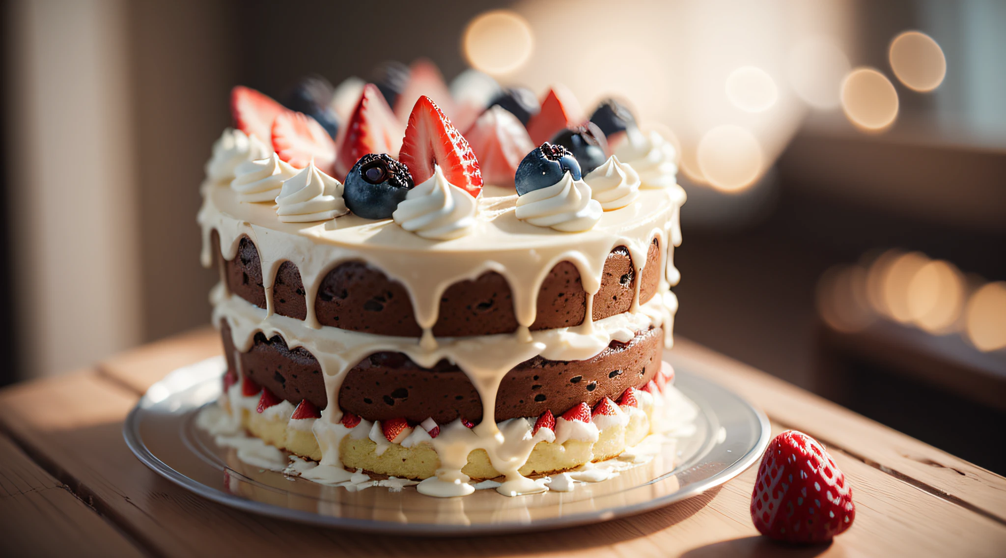 Please paint a seductive picture of the cake, showing the exquisite cake shape and mouth-watering details. The appearance of the cake should show a smooth and perfect surface, as if you can feel its soft taste. Each layer of the cake should be clearly visible, creating an authentic texture through fine textures and layers. The color can be chosen according to the taste and theme of the cake, such as chocolate, strawberry or vanilla, etc. Add delicate decorations such as fresh fruit, chocolate chips or icing flowers to make the cake more vivid. The background can be soft light or light patterns to highlight the deliciousness and sophistication of the cake. embellish2 Phtography, HDR RAW photo, 8K, highres, absurdres, Kodak Portra 400, film grain Bokeh, lens flare, vibrant color blurry background (best quality)masterpiece 3d rendering, hyper-detailed, cinematic, daz, surreal, Octane number, 3DMDT1 --auto --s2
