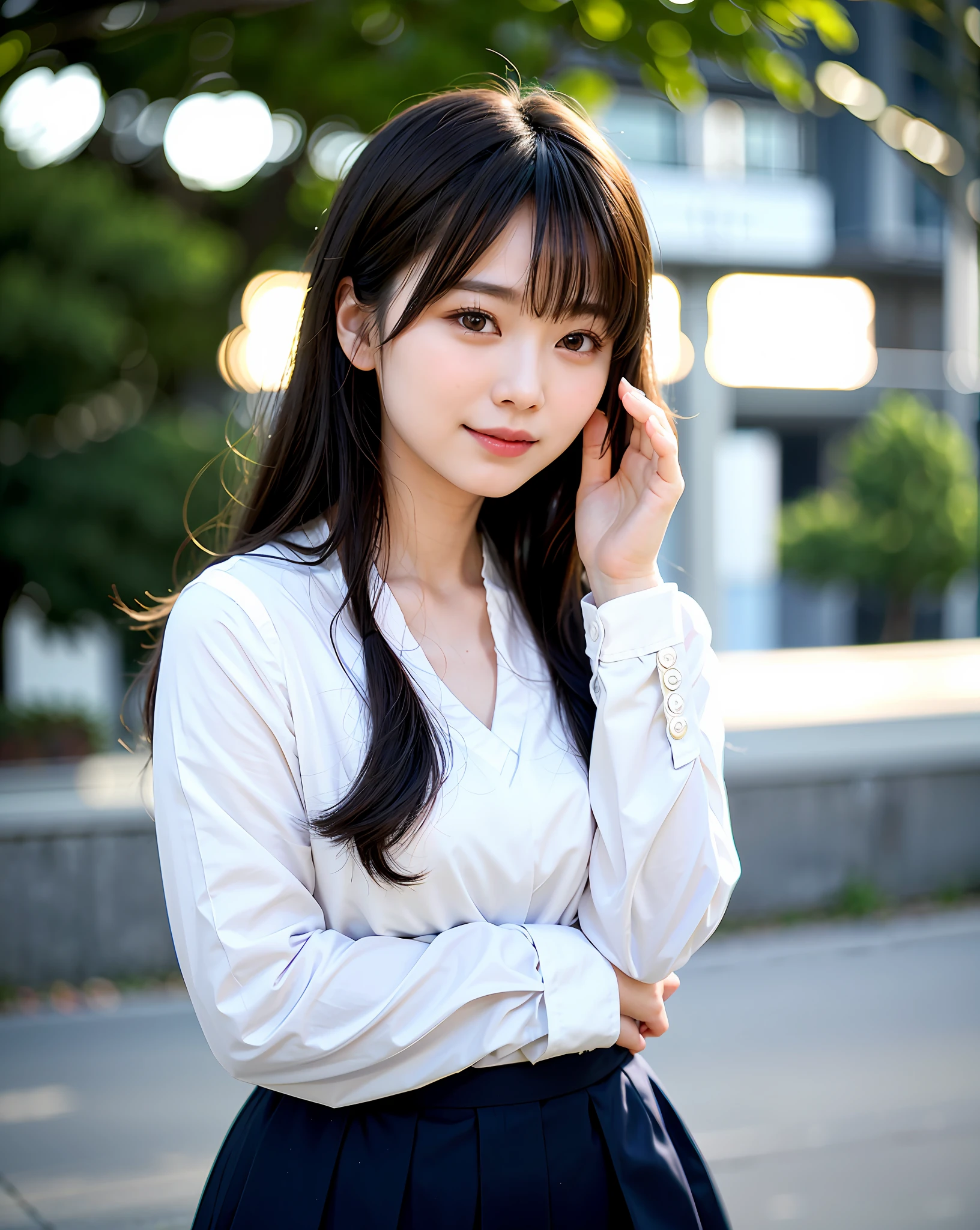 Asian woman in uniform, beautiful schoolgirl, Japan uniform, young gravure idol, beautiful Japan girl face, top quality, photorealistic, 8k, high resolution, girl, woman, (skin dent), (big breasts), (professional lighting, bokeh), (street), (people, crowd: 0.6), market, (night: 1.2), (blouse: 1.5), ( Portrait: 0.6), Gorgeous, Bloom, (Floating), (Light Particles, Lens Flare, Luminous Particles: 0.6), (Dynamic Pose: 1.2), Soft Lighting,