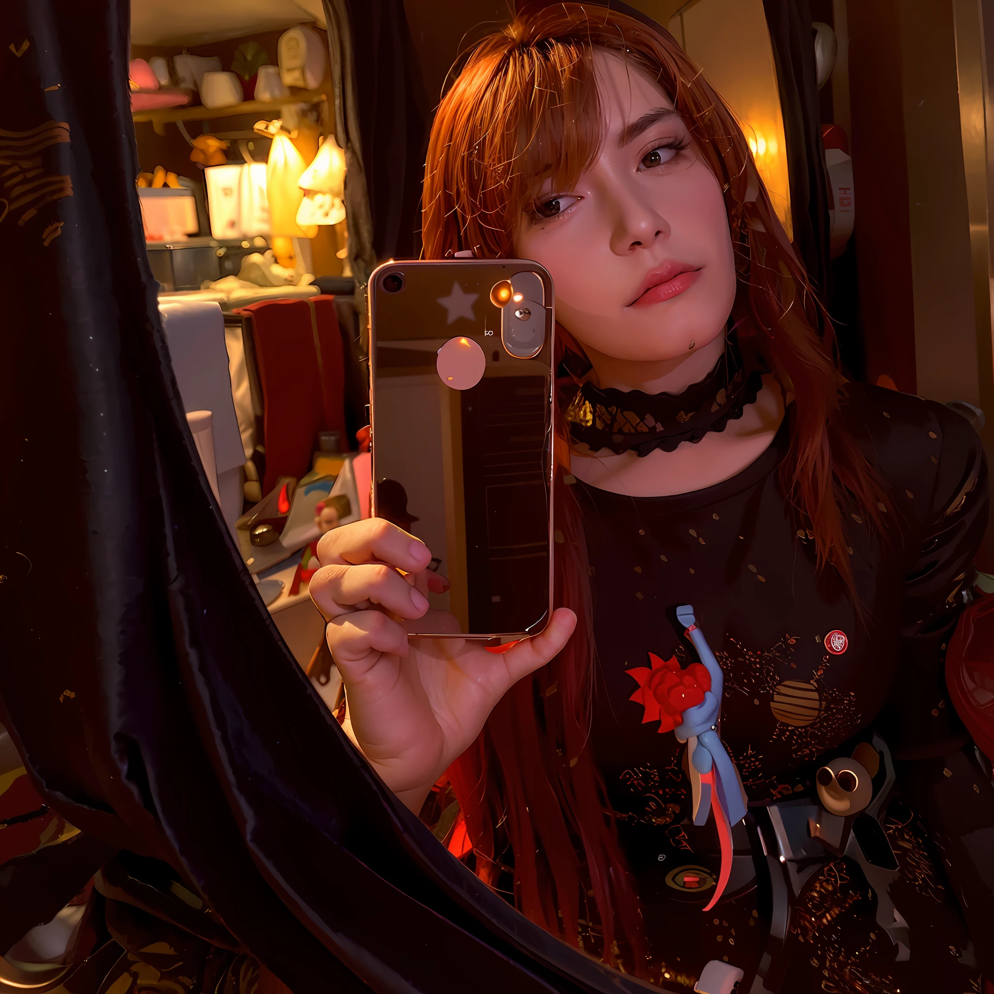 there is a woman taking a selfie in a mirror, very low quality image, very accurate photo, 8k selfie photograph, background is heavenly, with red hair, mirror selfie, 1024px profile picture, with long red hair, low quality photograph, taken on a cell phone camera, photograph taken in 2 0 2 0, low quality photo